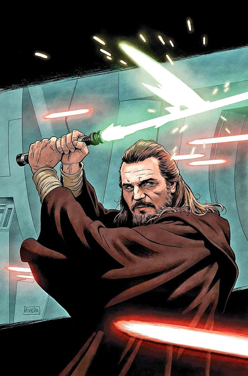 Qui-gon Jinn 桌布 壁紙 — 一位留鬍鬚的絕地武士身穿棕色長袍，在未來主義的走廊中與紅色光劍交鋒，他的綠色劍刃猛烈發光。