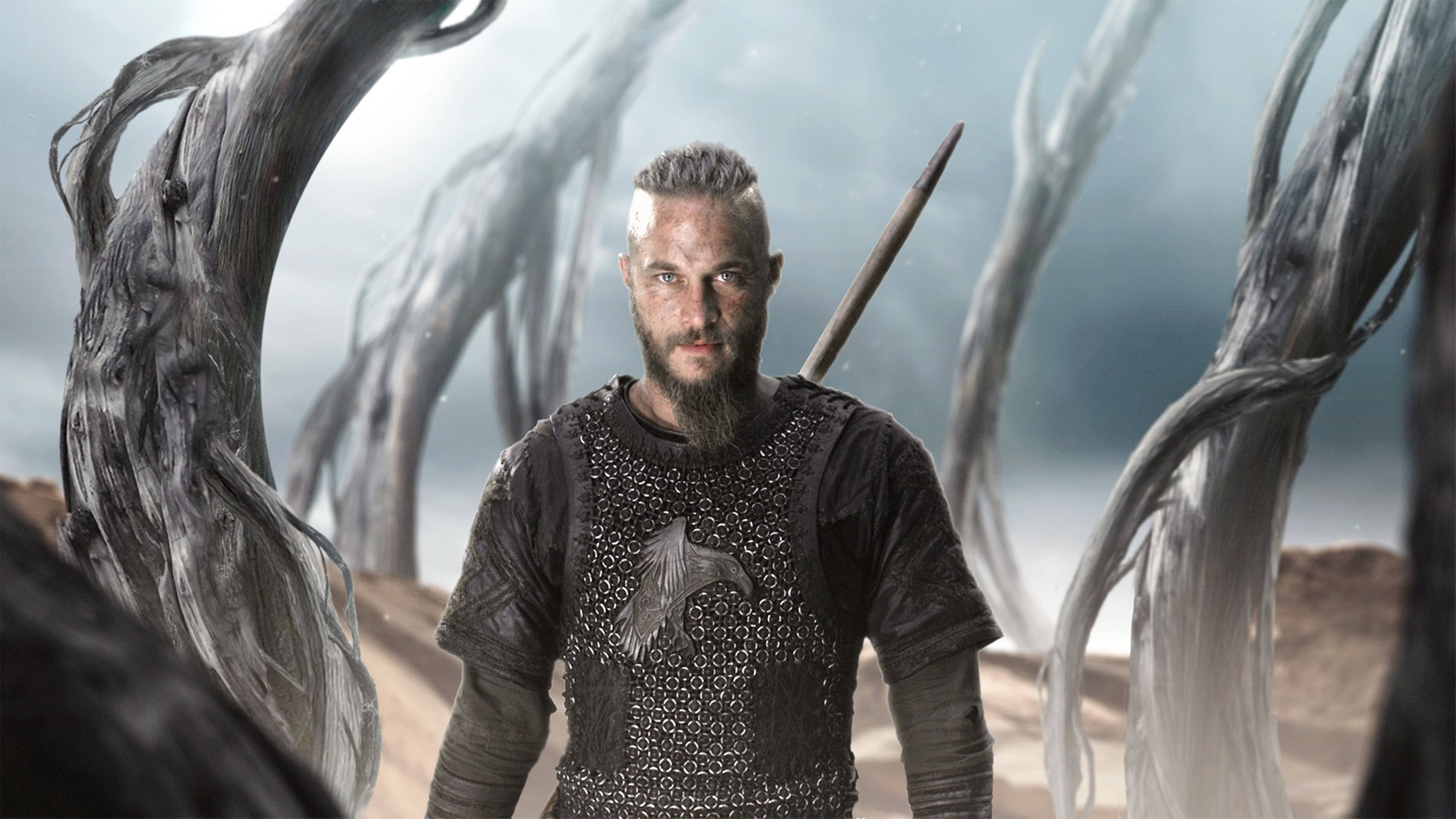 Vikings 桌布 壁紙 — 一位留鬍鬚的維京戰士身穿鎖子甲，在暴風雨的天空下，挑釁地站在扭曲的骷髏樹之間。