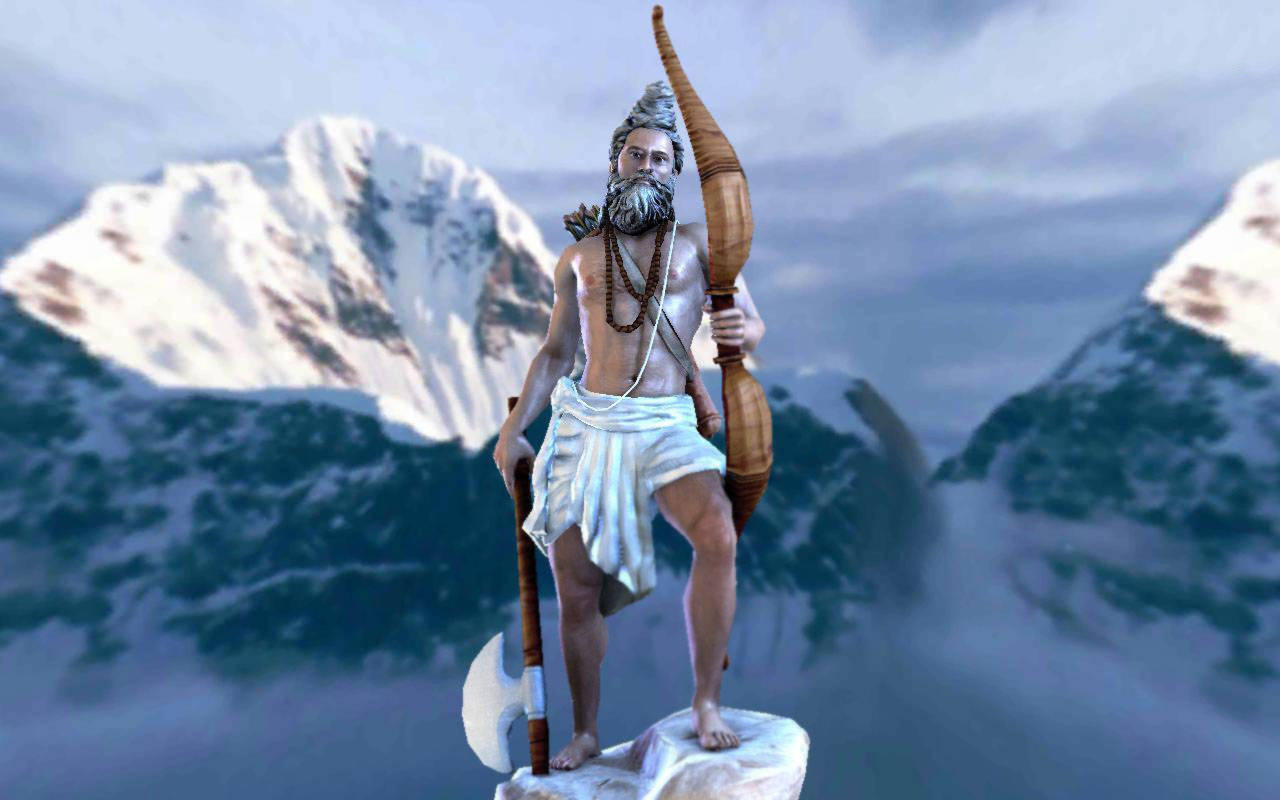 Parshuram 桌布 壁紙 — 一位留鬍鬚的聖人，手持法螺和斧頭，站在積雪的山頂上，背景是陰雲密佈的天空。