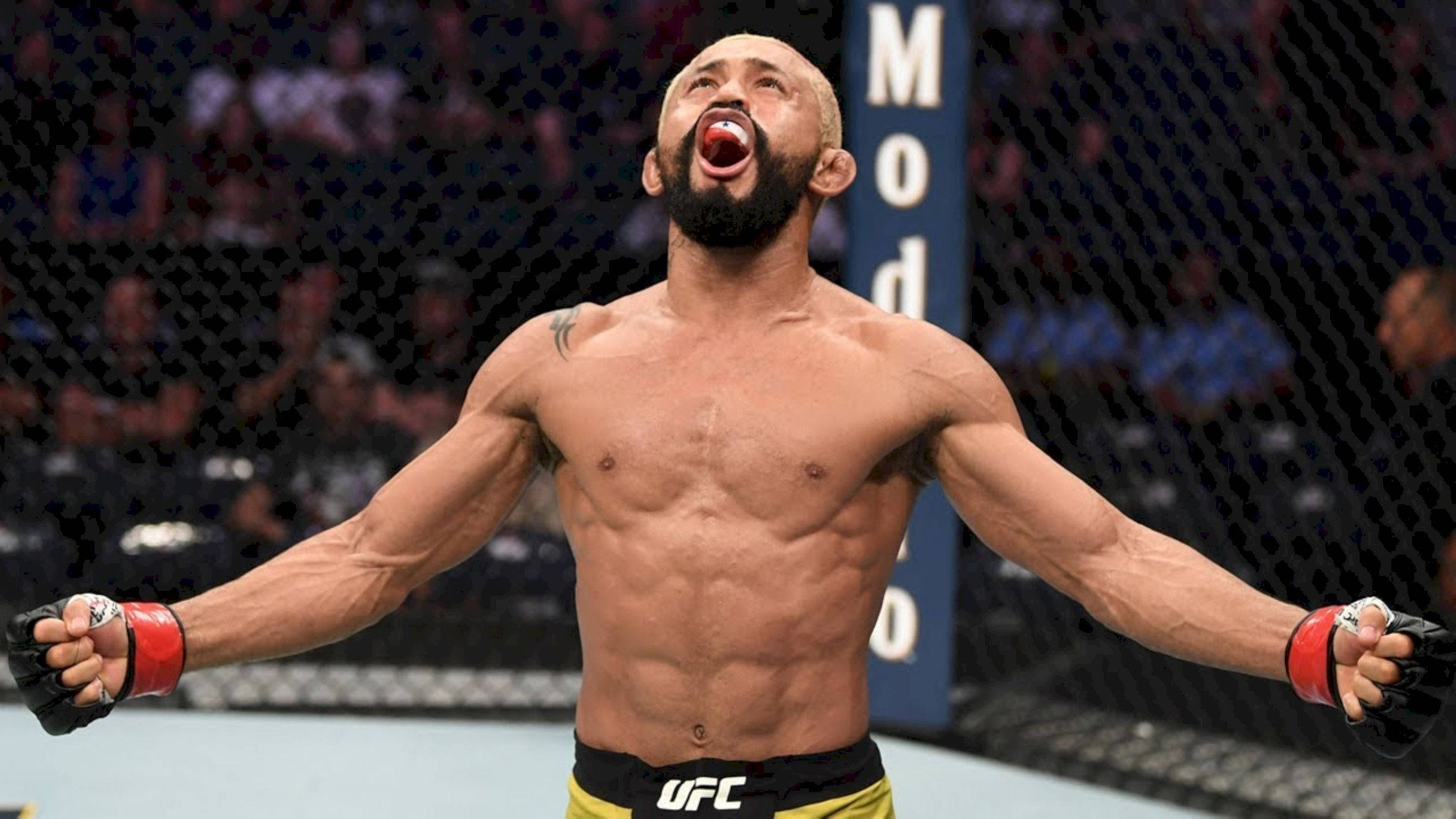 UFC 桌布 壁紙 — 一位留鬍鬚的肌肉發達UFC拳手在八角籠內張開雙臂，發出勝利的咆哮。