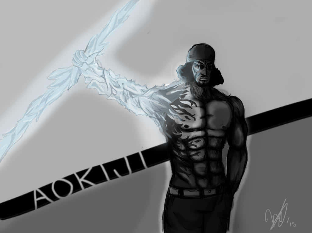 Aokiji 桌布 壁紙 — 一位留鬍鬚的肌肉發達動漫戰士，在純灰色背景上揮舞著發光的冰劍。