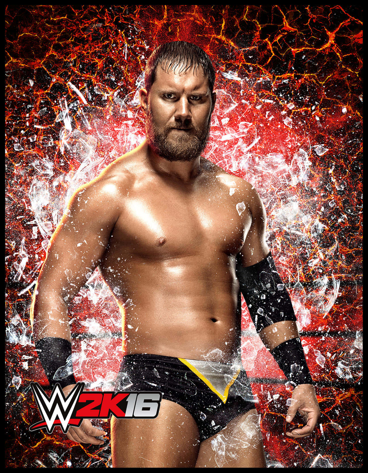 WWE 桌布 壁紙 — 一位留鬍鬚的肌肉發達摔角手，在碎裂的冰塊飛舞中，以火紅裂紋背景為襯，挑釁地站立。