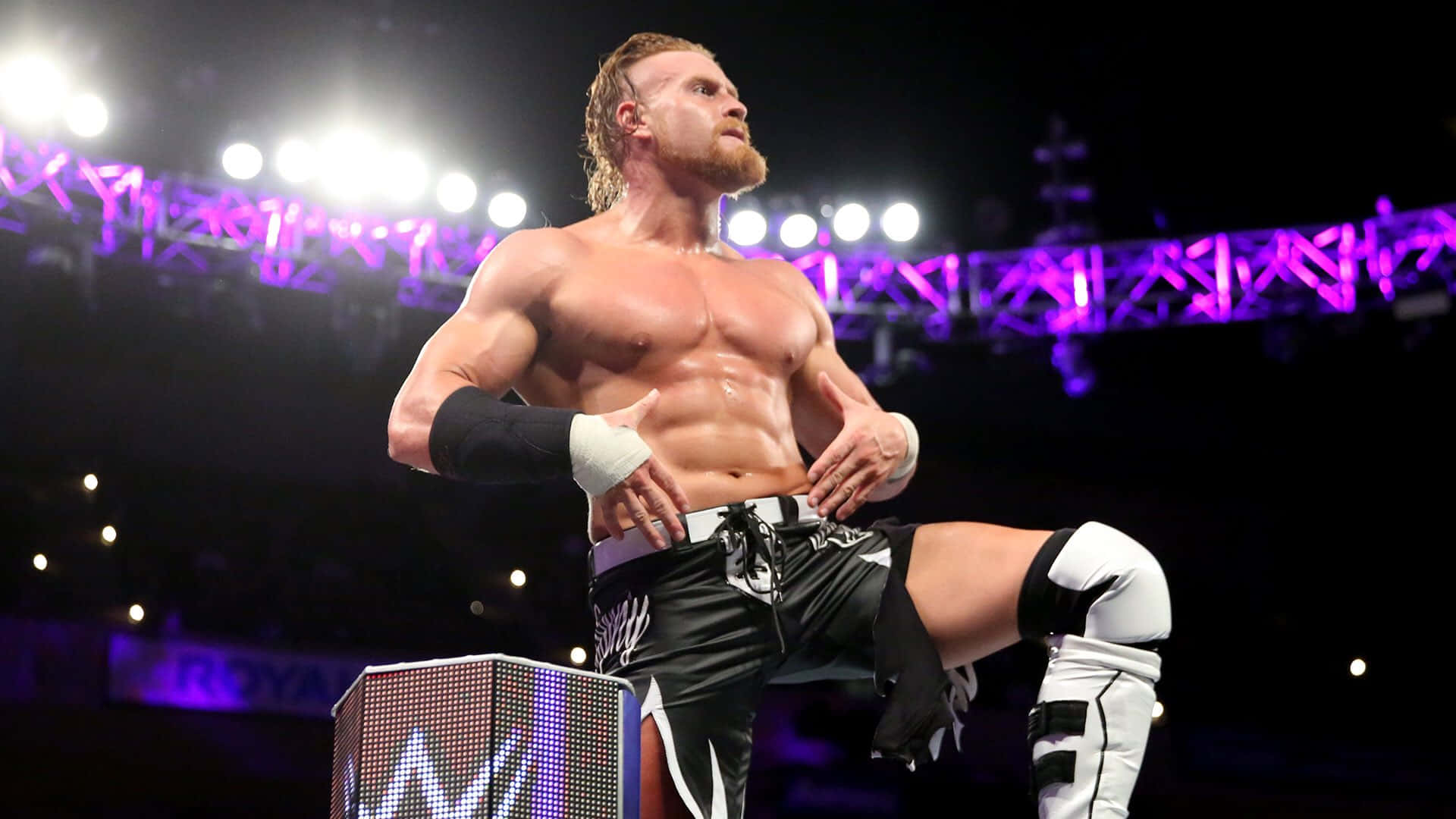 WWE 桌布 壁紙 — 一位留鬍鬚的肌肉發達摔角手站在WWE的角柱上，身後是明亮的場館燈光和紫色舞台桁架。