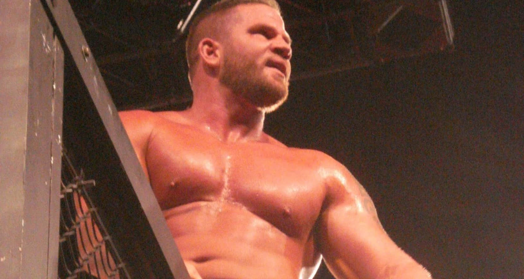 WWE 桌布 壁紙 — 一位留鬍鬚的肌肉發達摔角手站在鋼籠內，舞台燈光璀璨，汗水在他線條分明的體格上閃閃發光。