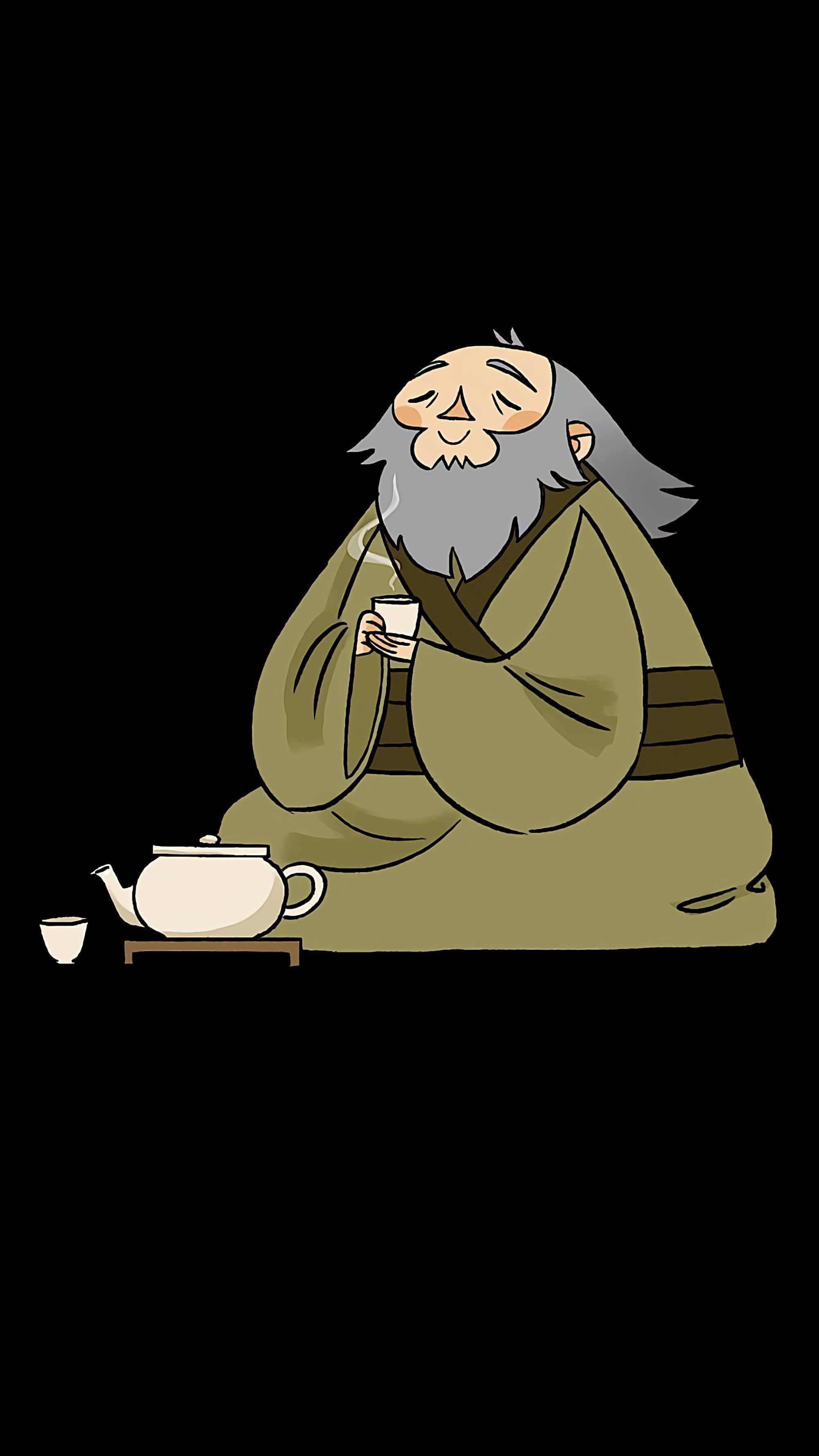 Uncle Iroh 桌布 壁紙 — 一位留鬍鬚的長者身穿長袍，在黑色背景前平靜地喝茶，旁邊放著冒煙的茶杯和茶壺。