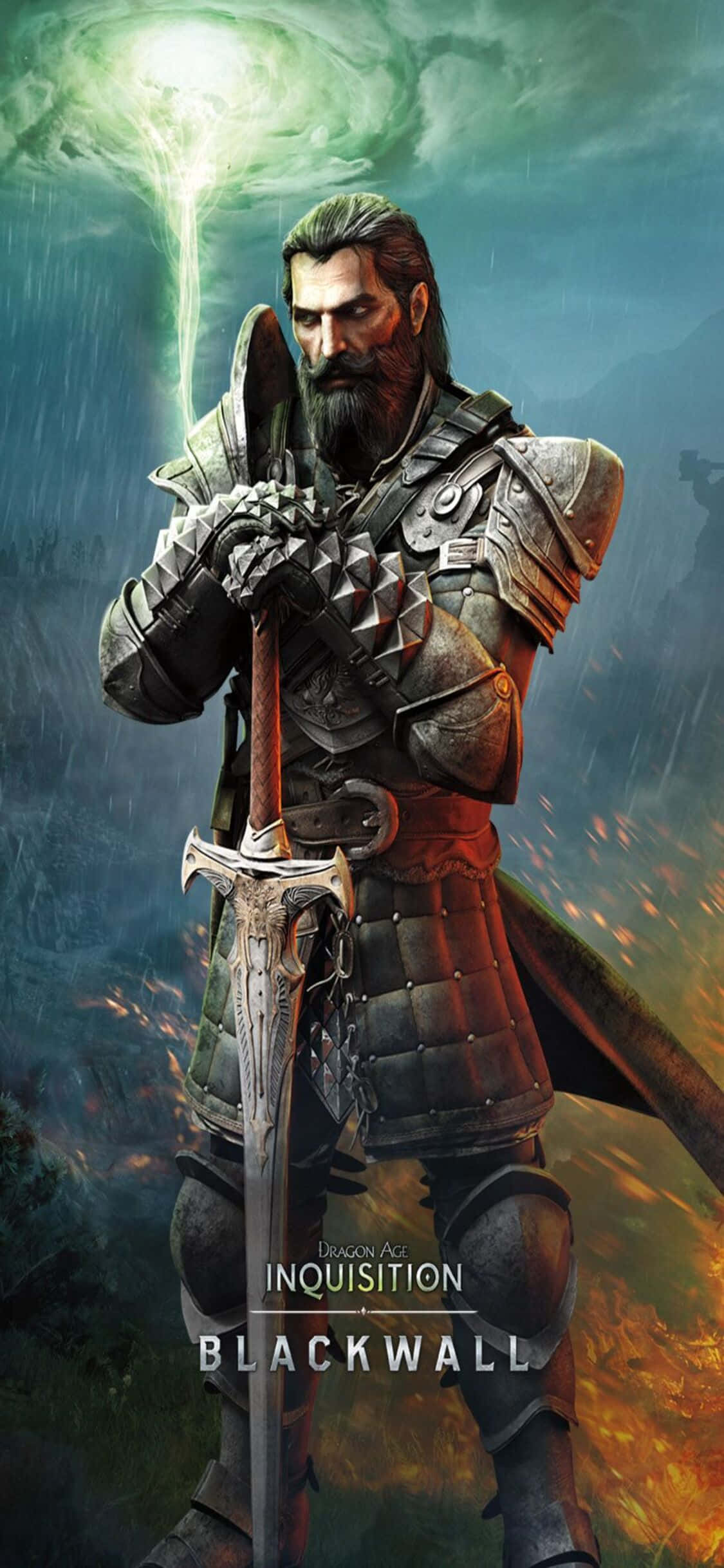 iPhone Xs Dragon Age Inquisition 桌布 壁紙 — 一位留鬍鬚的騎士穿著華麗盔甲，在暴風雨的天空下，腳下是燃燒的大地，堅定地握著一把發光的劍。