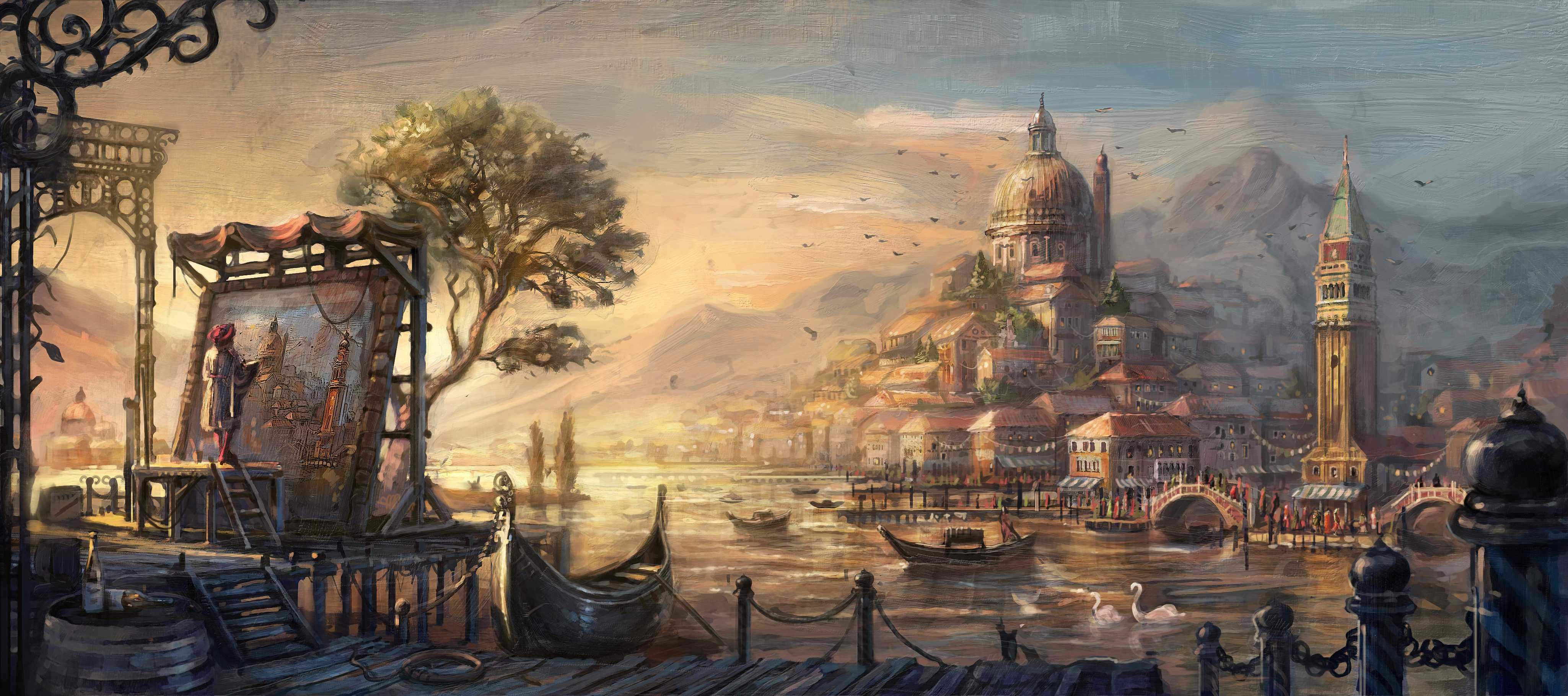 Beautiful Painting 桌布 壁紙 — 一位畫家在碼頭捕捉威尼斯黃金時段，貢多拉、天鵝和圓頂大教堂在溫暖光線中閃耀。