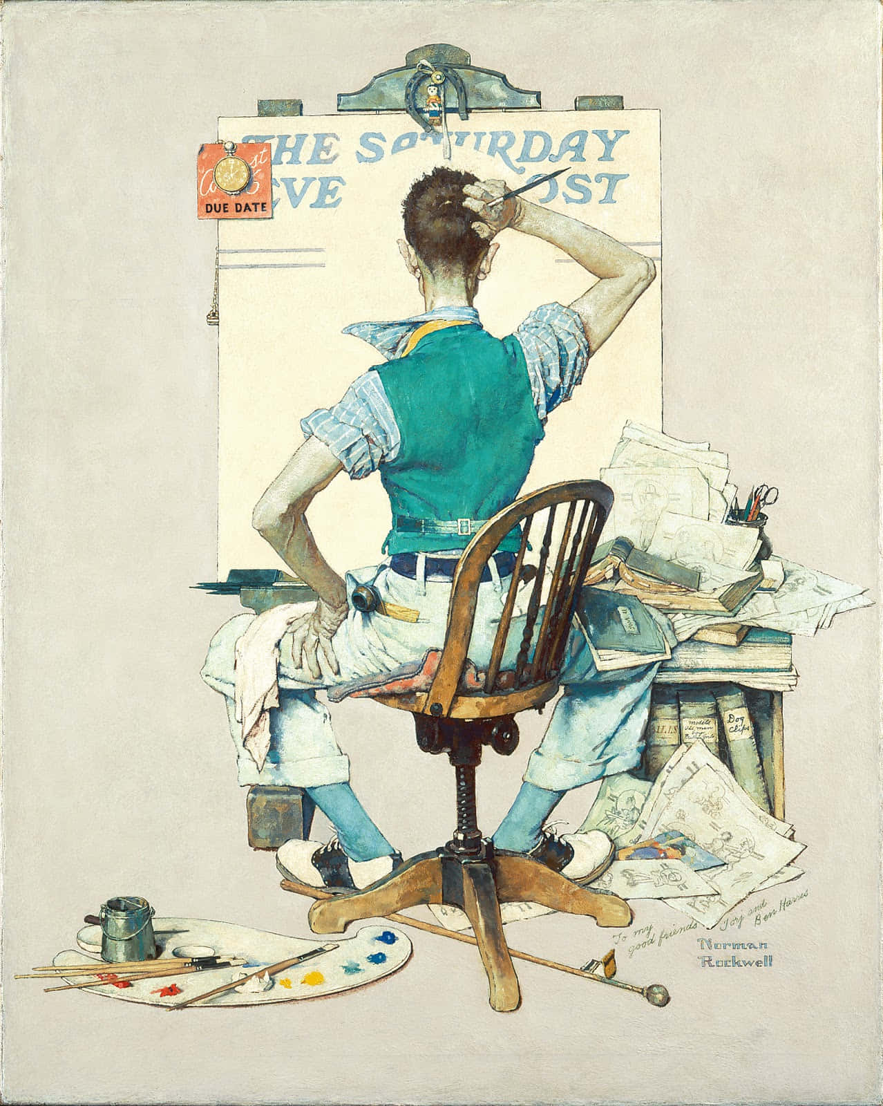 Norman Rockwell 桌布 壁紙 — 一位畫家坐在雜亂的書桌前，背對著觀眾，正在為《星期六晚郵報》繪製一幅大型插圖，截稿日期即將到來。