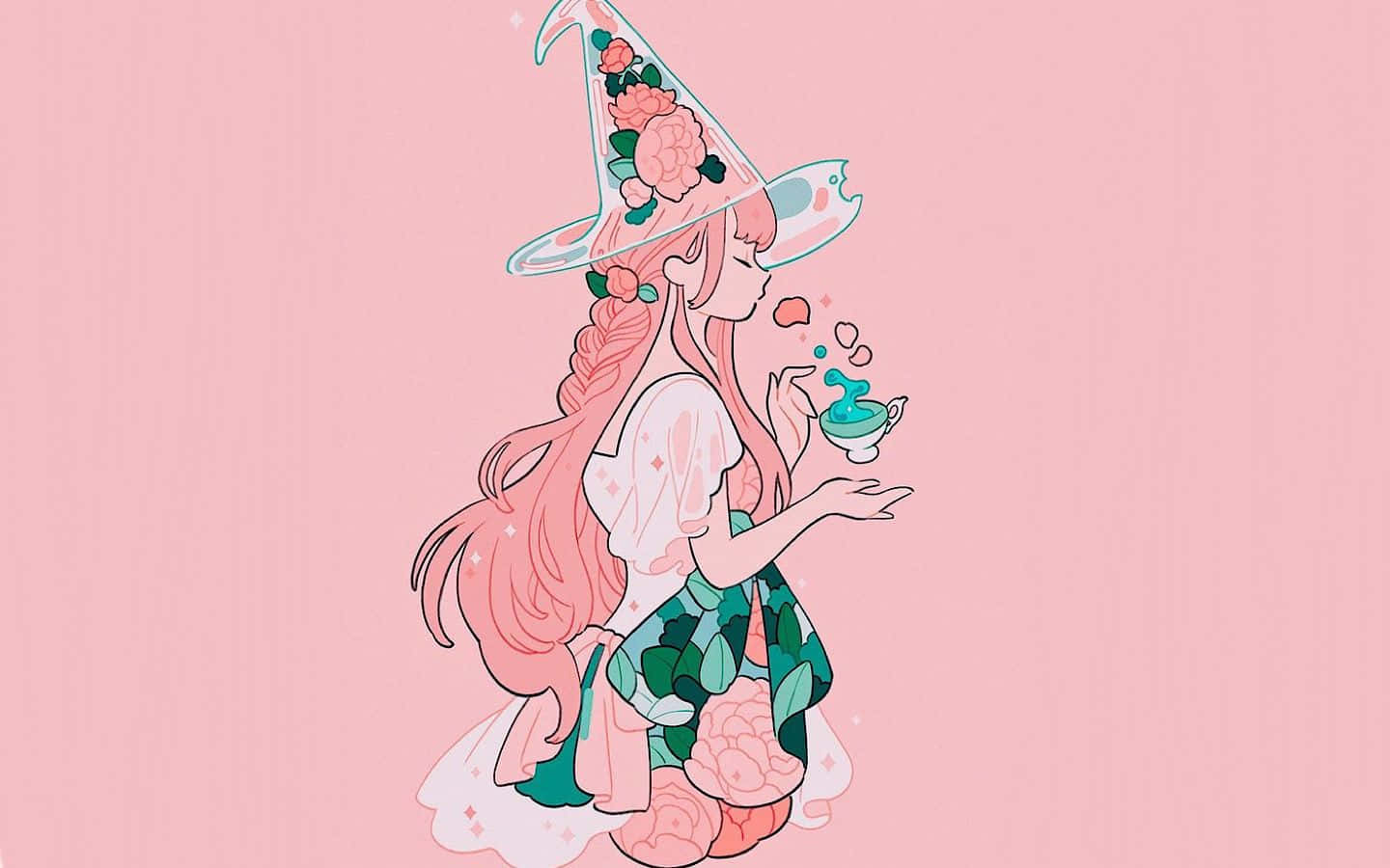 桌布 壁紙 — 一位異想天開的動漫女巫，粉紅色頭髮，戴著花卉帽子，在柔和的粉紅色背景下從茶杯中啜飲茶。