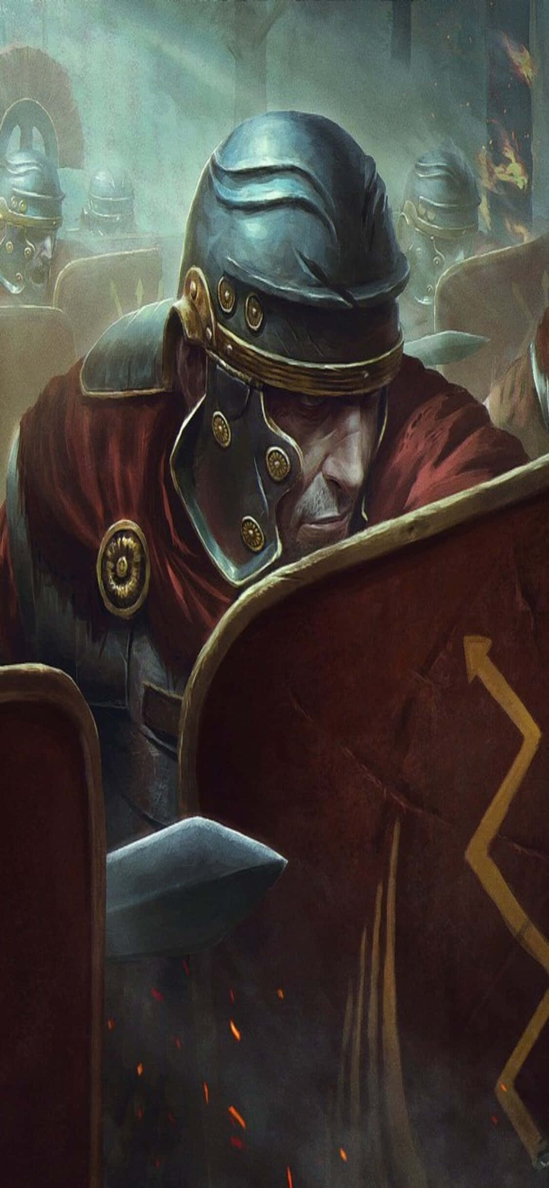 shield 桌布 壁紙 — 一位疲憊的羅馬士兵身穿精細盔甲和紅色斗篷，在煙霧瀰漫、火花四濺的戰場上低頭凝視。