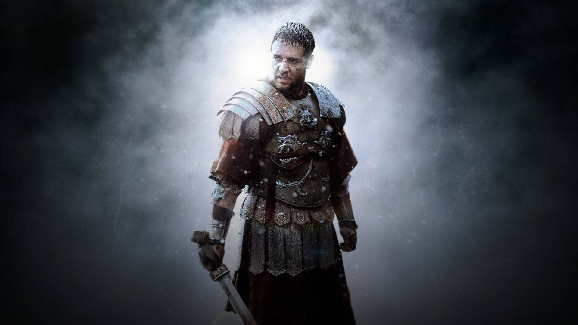 Gladiator 桌布 壁紙 — 一位疲憊的羅馬士兵身穿風化盔甲，在暴風雪中手持劍站立。