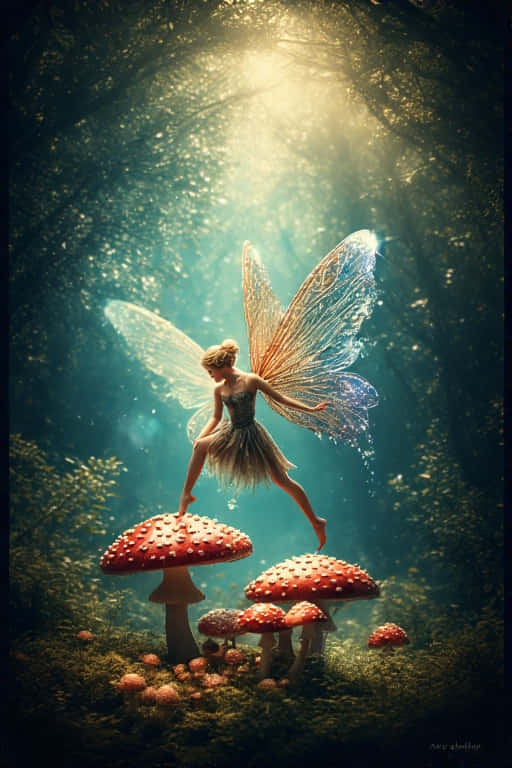 Fairy Whispers Enchanted Forest 壁紙 — 一位發光的仙女，擁有半透明的翅膀，優雅地棲息在陽光斑駁的魔法森林中鮮豔的紅色蘑菇上。
