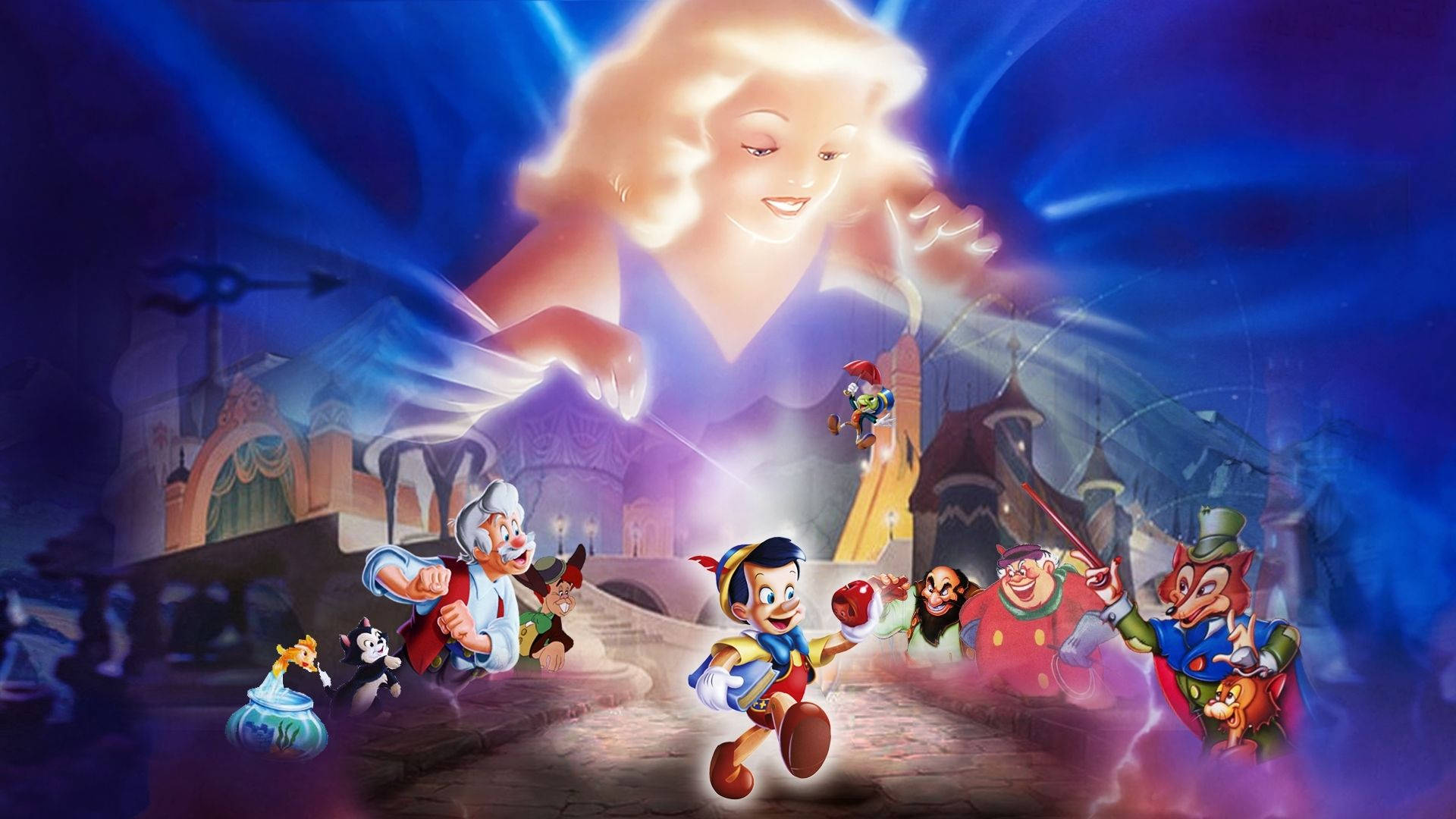 Pinocchio 桌布 壁紙 — 一位發光的仙女教母懸浮在鵝卵石街道上方，而小木偶和他的朋友們在夜晚歡快地跑過一個魔法、迷人的小鎮。