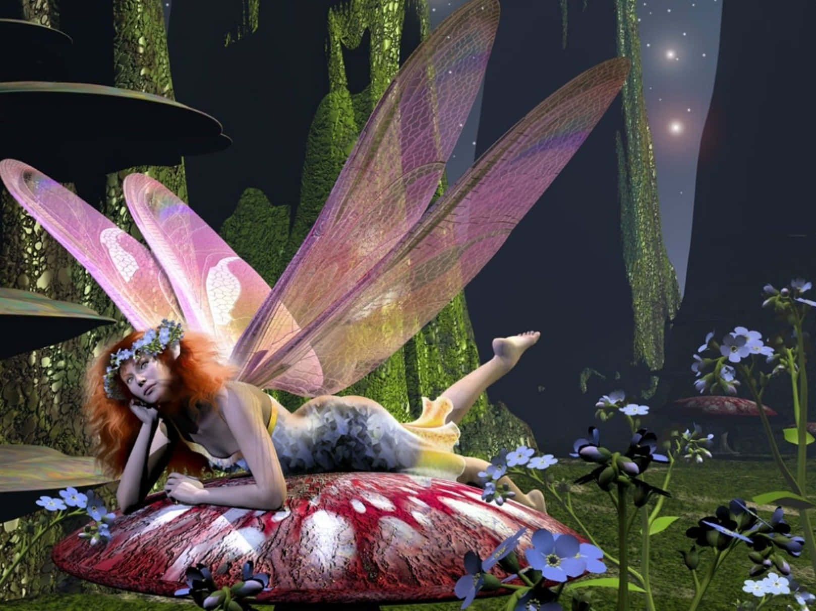 Butterfly Fancy Dress 桌布 壁紙 — 一位發光的仙子，擁有半透明的粉紅色翅膀，在星空下的神秘森林中，躺在一顆巨大的紅色蘑菇上休息。