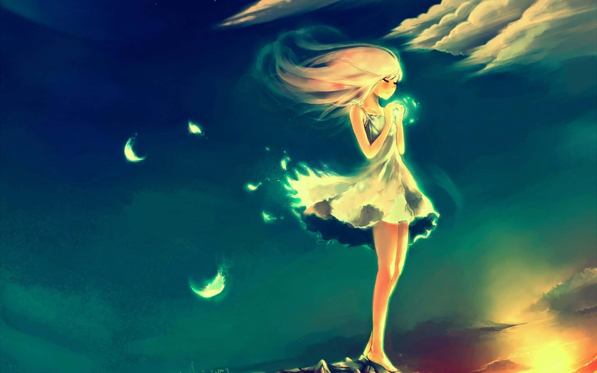 Sad Anime Art 桌布 壁紙 — 一位發光的動漫女孩，長髮飄逸，站在懸崖頂上，天空暮色蒼茫，新月漂浮。