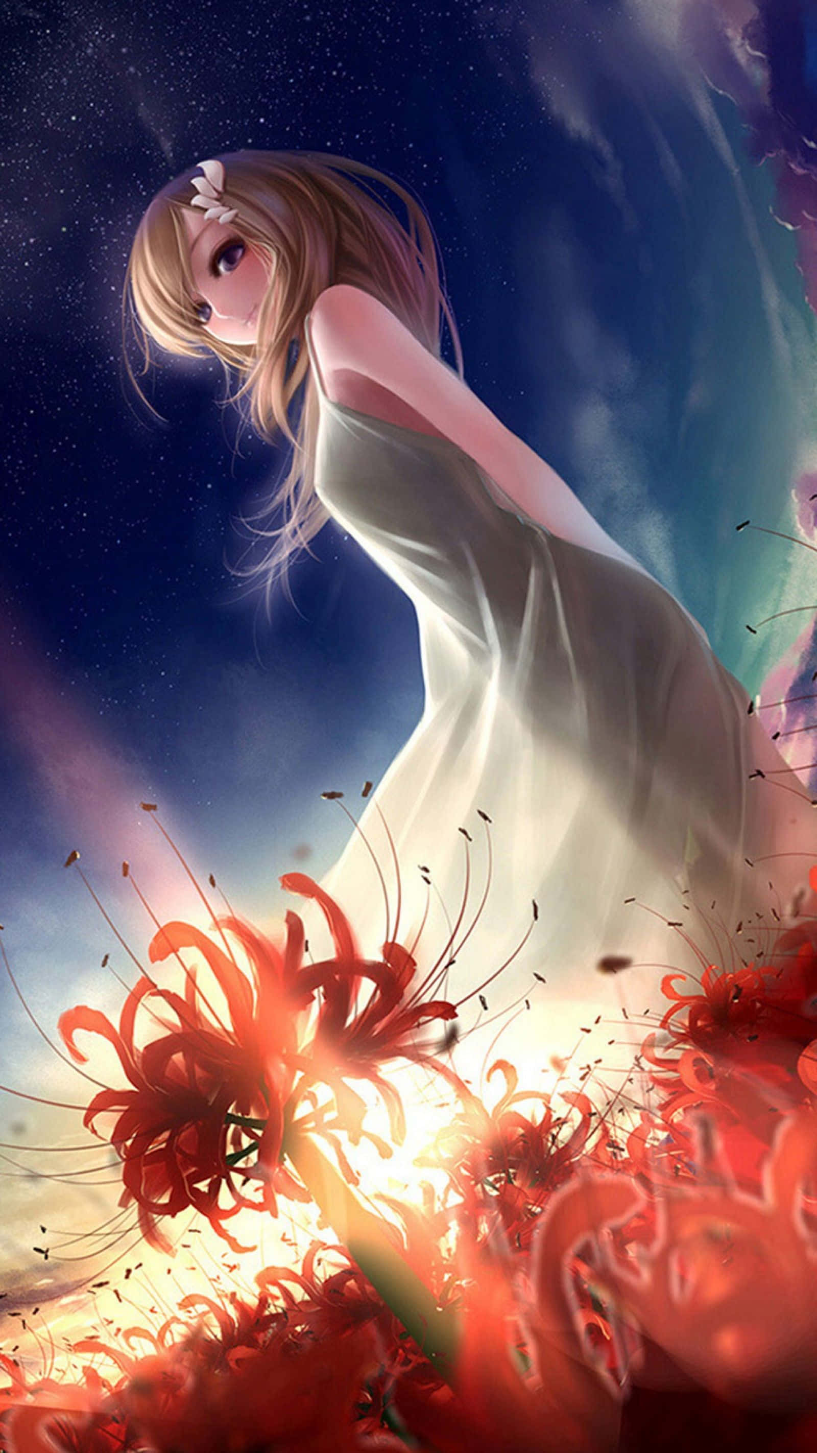 Cool Anime iPhone 桌布 壁紙 — 一位發光的動漫女孩穿著白色連衣裙，站在星空下火紅的彼岸花叢中。