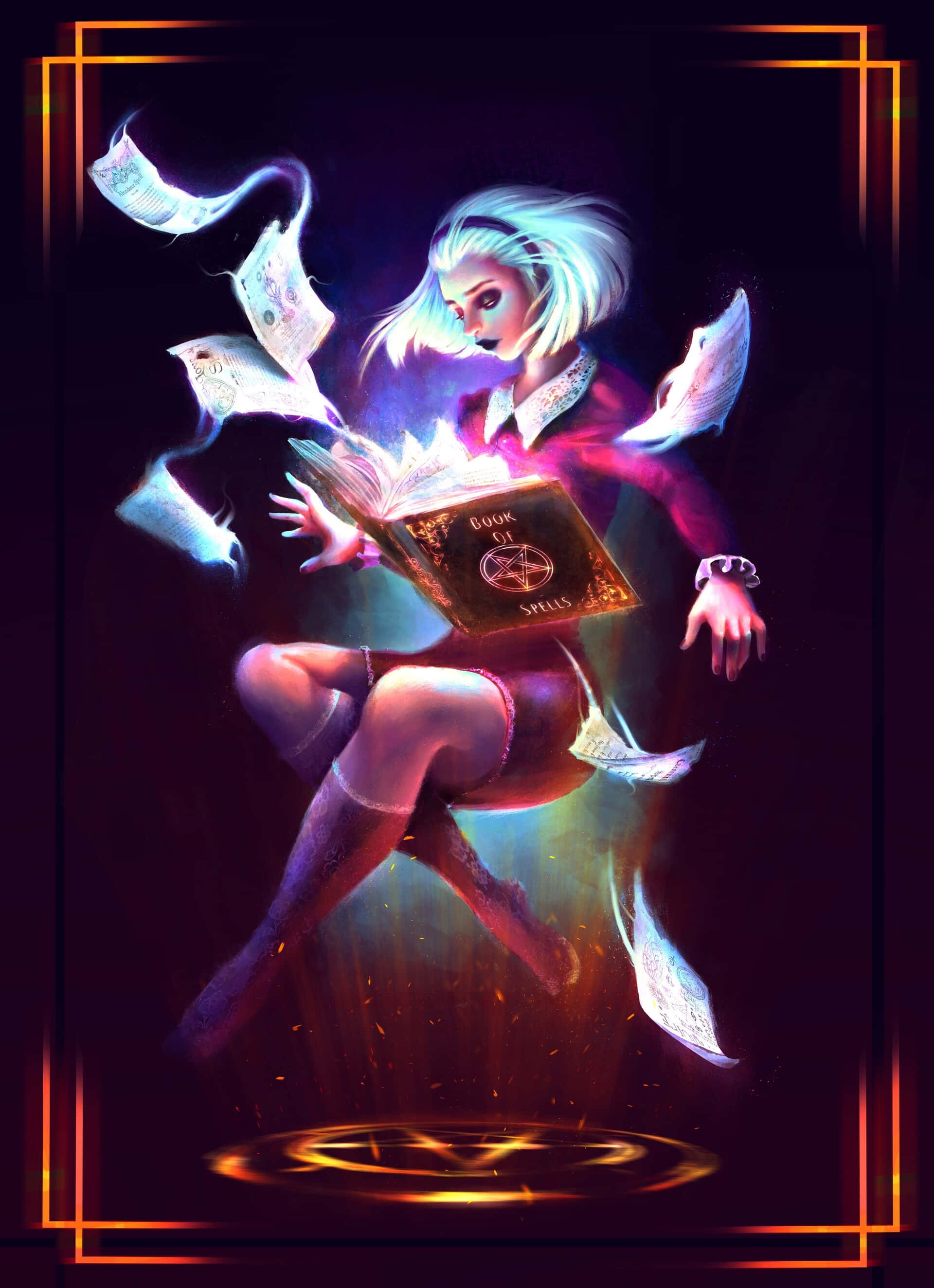 Grimoire 桌布 壁紙 — 一位發光的動漫女巫，白髮飄逸，從一本漂浮的書中施法，周圍環繞著魔法紙張。