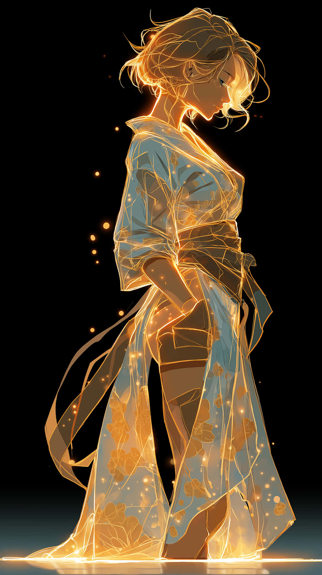 Ethereal Japanese Anime Girl Embodied by Swirling Golden Light 壁紙 — 一位發光的動漫風格女性穿著金色和服，在黑色背景前側身站立，周圍有漂浮的粒子。