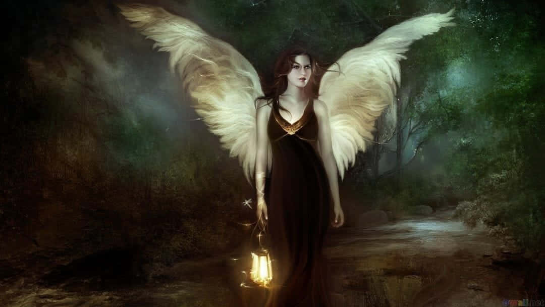 Evil Fairy 桌布 壁紙 — 一位發光的天使，擁有巨大的白色翅膀，在迷霧森林中行走，手持發光的燈籠。