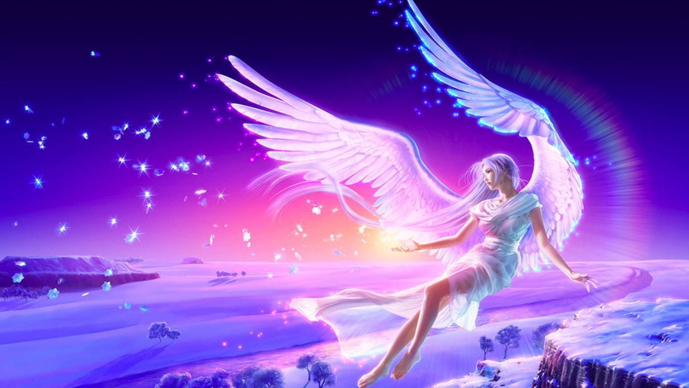 一位閃亮的天使，擁有巨大的翅膀，在星空下盤旋在雪景之上。 — 仙女 GIF 壁紙