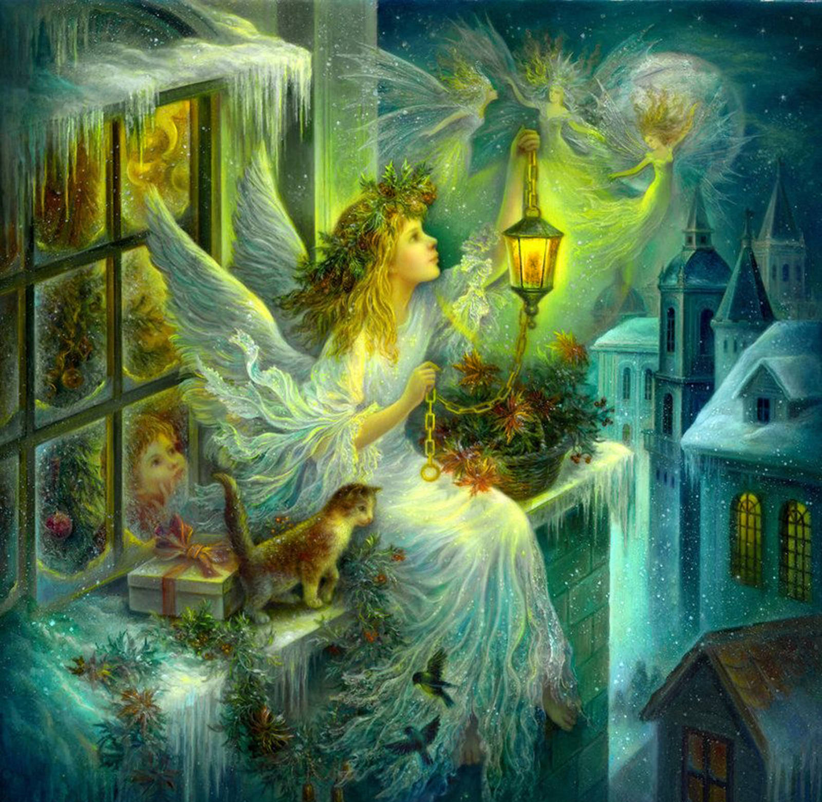 angels 桌布 壁紙 — 一位發光的天使，有翅膀和花環，在雪窗台上提著燈籠，仙女們在冬日小鎮上空跳舞。