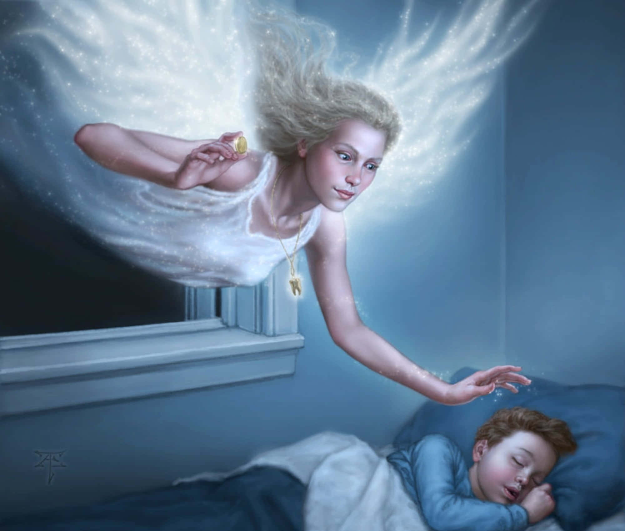 Tooth Fairy 桌布 壁紙 — 一位發光的天使，長髮飄逸，在昏暗的藍色臥室中盤旋在熟睡的孩子旁邊，輕輕觸碰孩子的額頭。