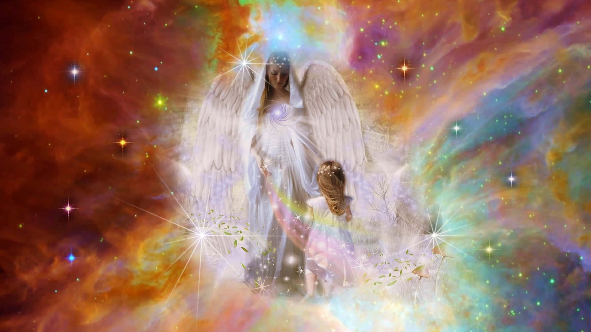 Angelic 桌布 壁紙 — 一位發光的天使展開寬闊的翅膀，溫柔地引導一個小孩穿過充滿閃爍星星的 vibrant 宇宙星雲。