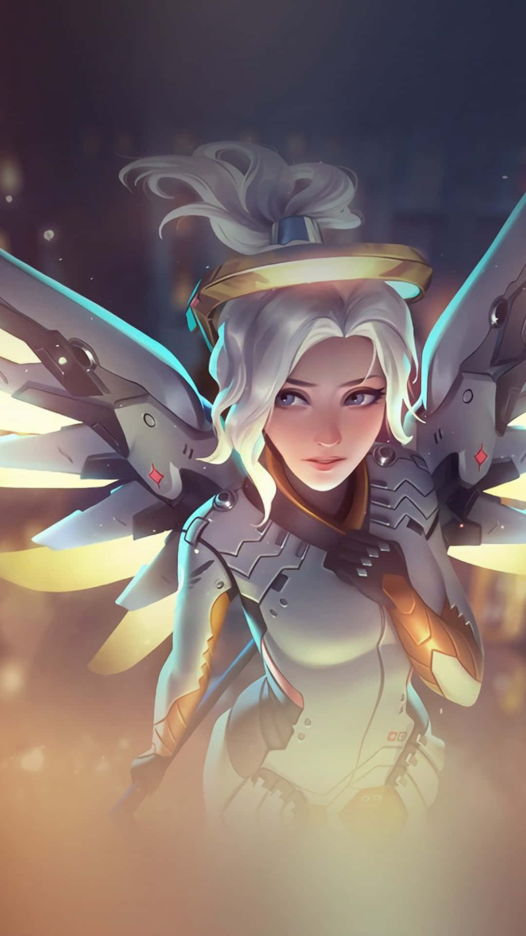 Overwatch Mercy 桌布 壁紙 — 一位發光的天使戰士，擁有機械翅膀和銀色頭髮，在溫暖的光線中站在黑暗背景前。