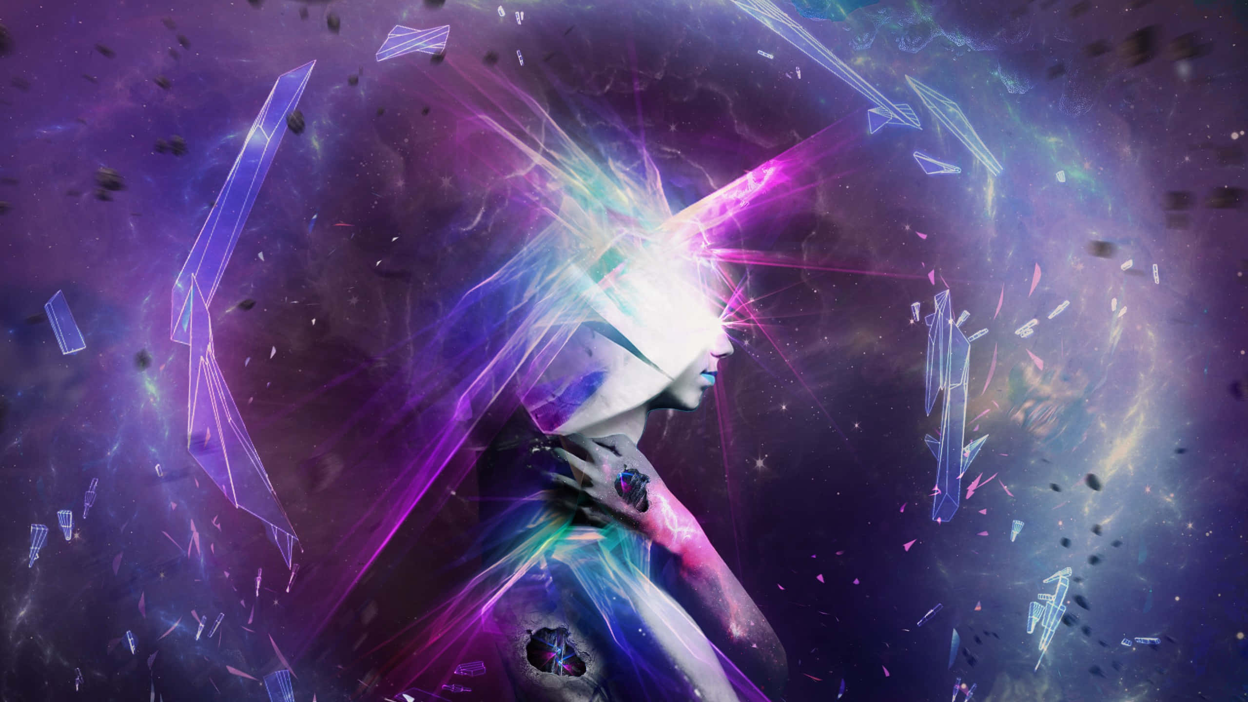 Profile 桌布 壁紙 — 一位發光的宇宙女性，帶有水晶碎片和光芒四射的光束，背景是繁星點點的紫色星雲。