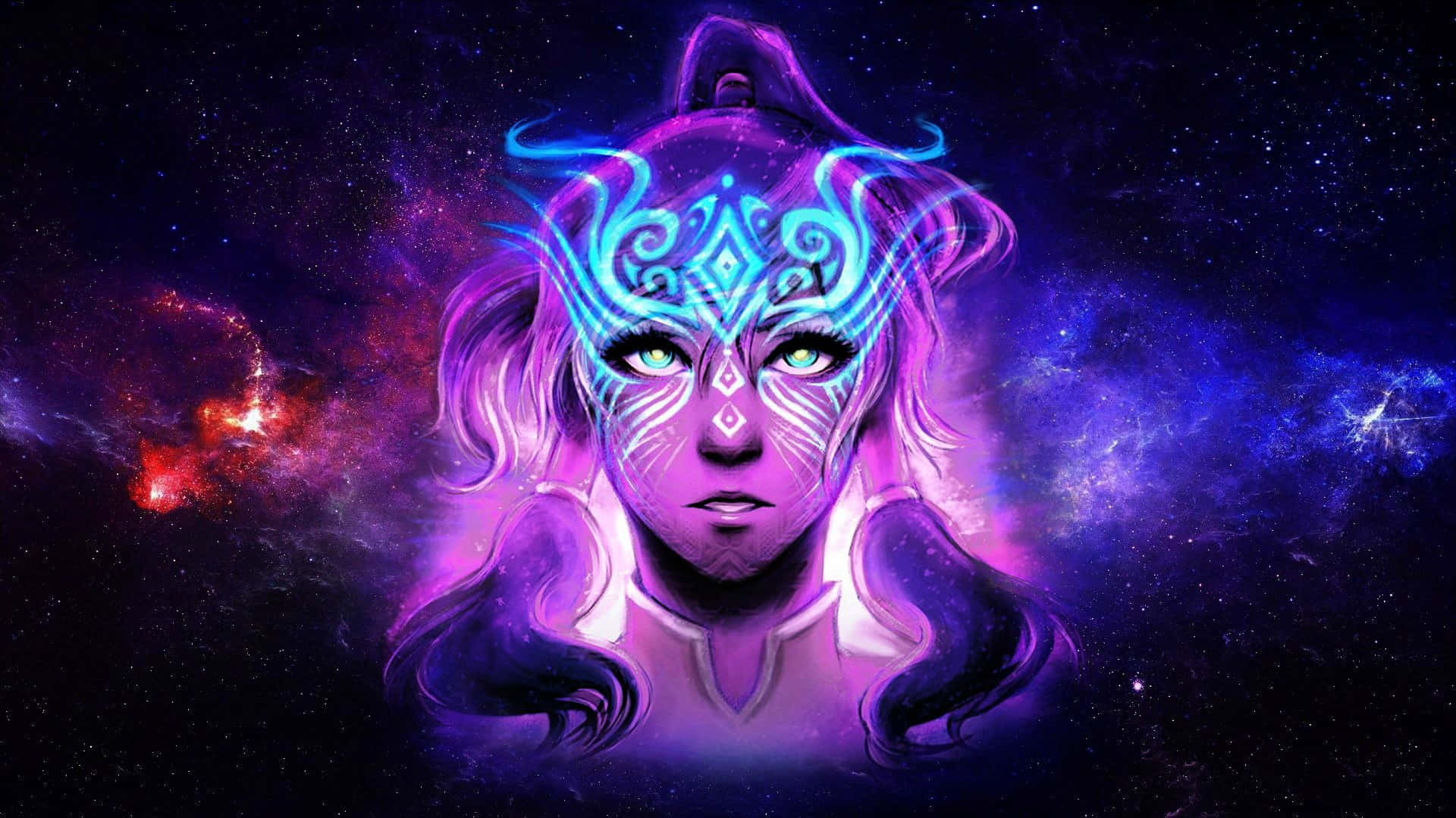 桌布 壁紙 — 一位發光的宇宙女性，帶有霓虹藍色部落圖騰和飄逸的紫色頭髮，背景是繁星點點的星雲。