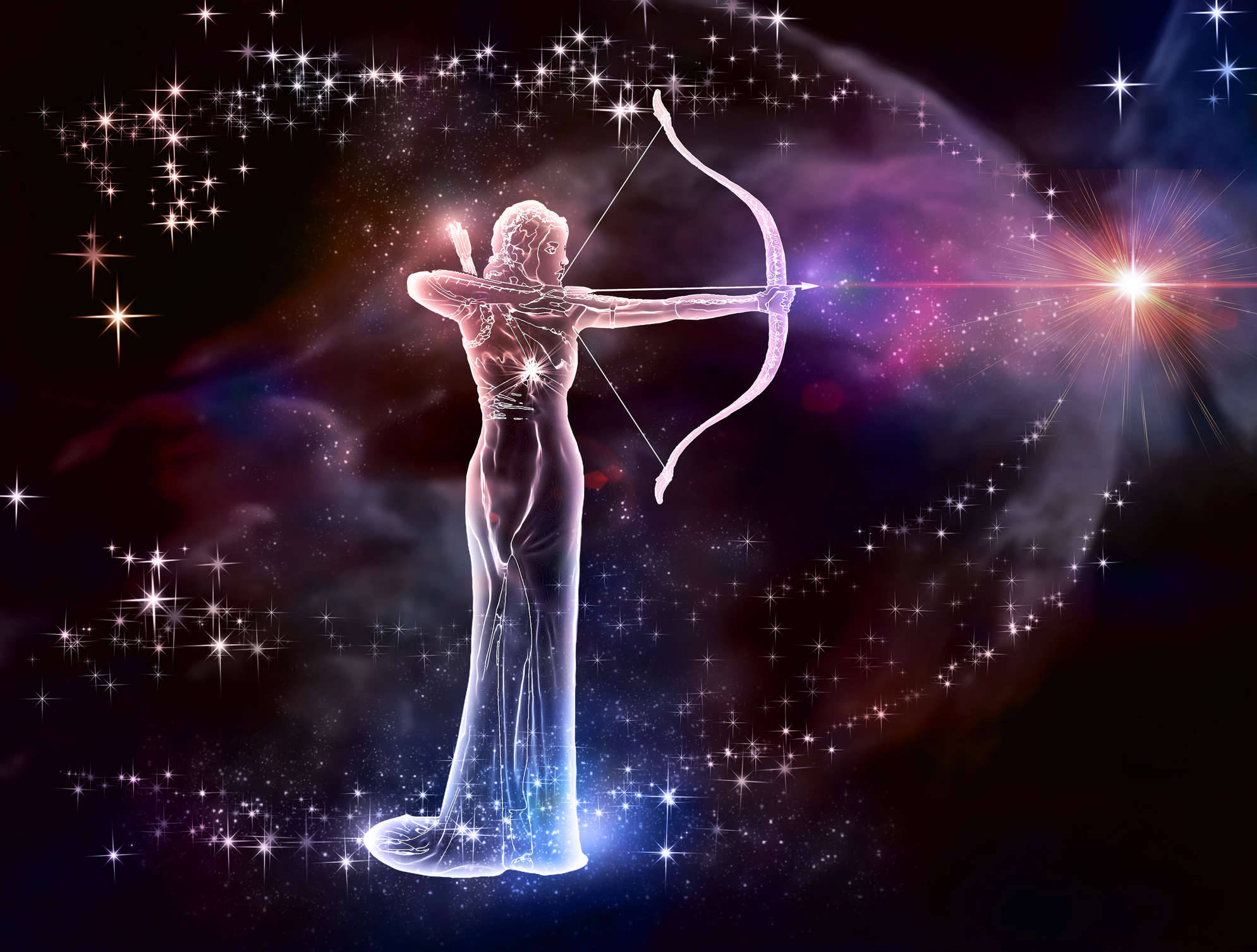 sagittarius 桌布 壁紙 — 一位發光的弓箭女神，手持閃耀的弓，站在充滿星星和星雲的鮮豔宇宙背景前。