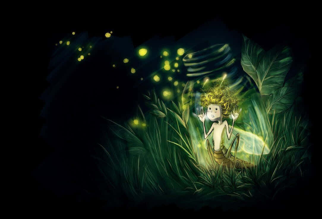 firefly 桌布 壁紙 — 一位發光的捲髮仙子坐在黑暗的森林中，周圍漂浮著螢火蟲和大葉子。