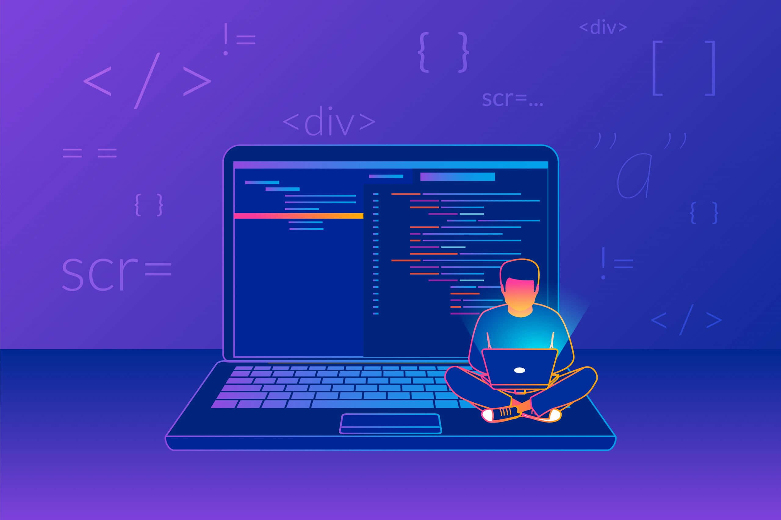 Engineer 桌布 壁紙 — 一位發光的數位藝術家在充滿活力的紫色漸變中，盤腿坐在筆記型電腦上冥想，周圍環繞著漂浮的編碼符號。