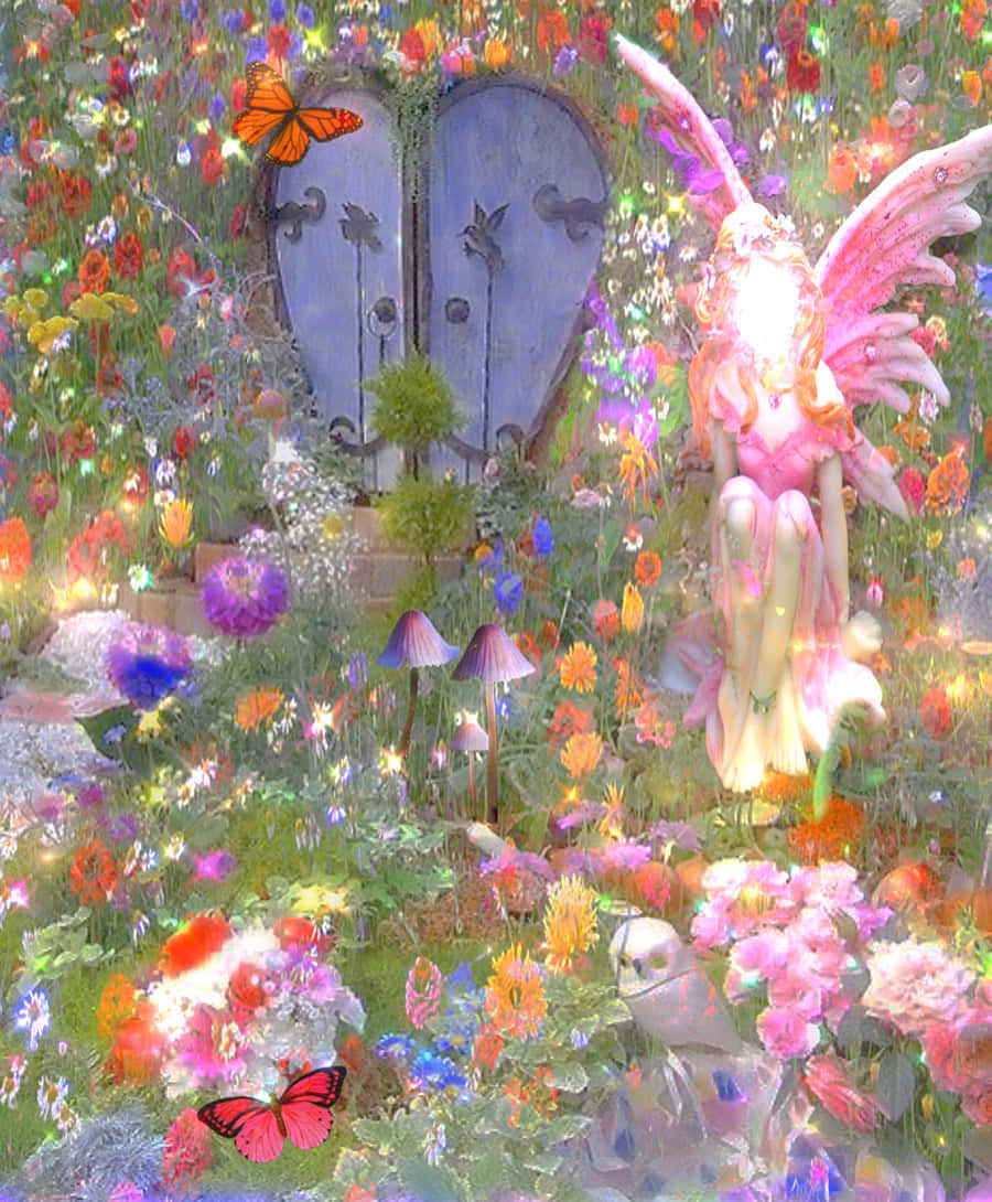 Fairycore 桌布 壁紙 — 一位發光的粉紅色仙子擁有半透明的翅膀，站在一扇風化的藍色門旁，周圍是充滿色彩繽紛花朵和翩翩起舞蝴蝶的活力花園。