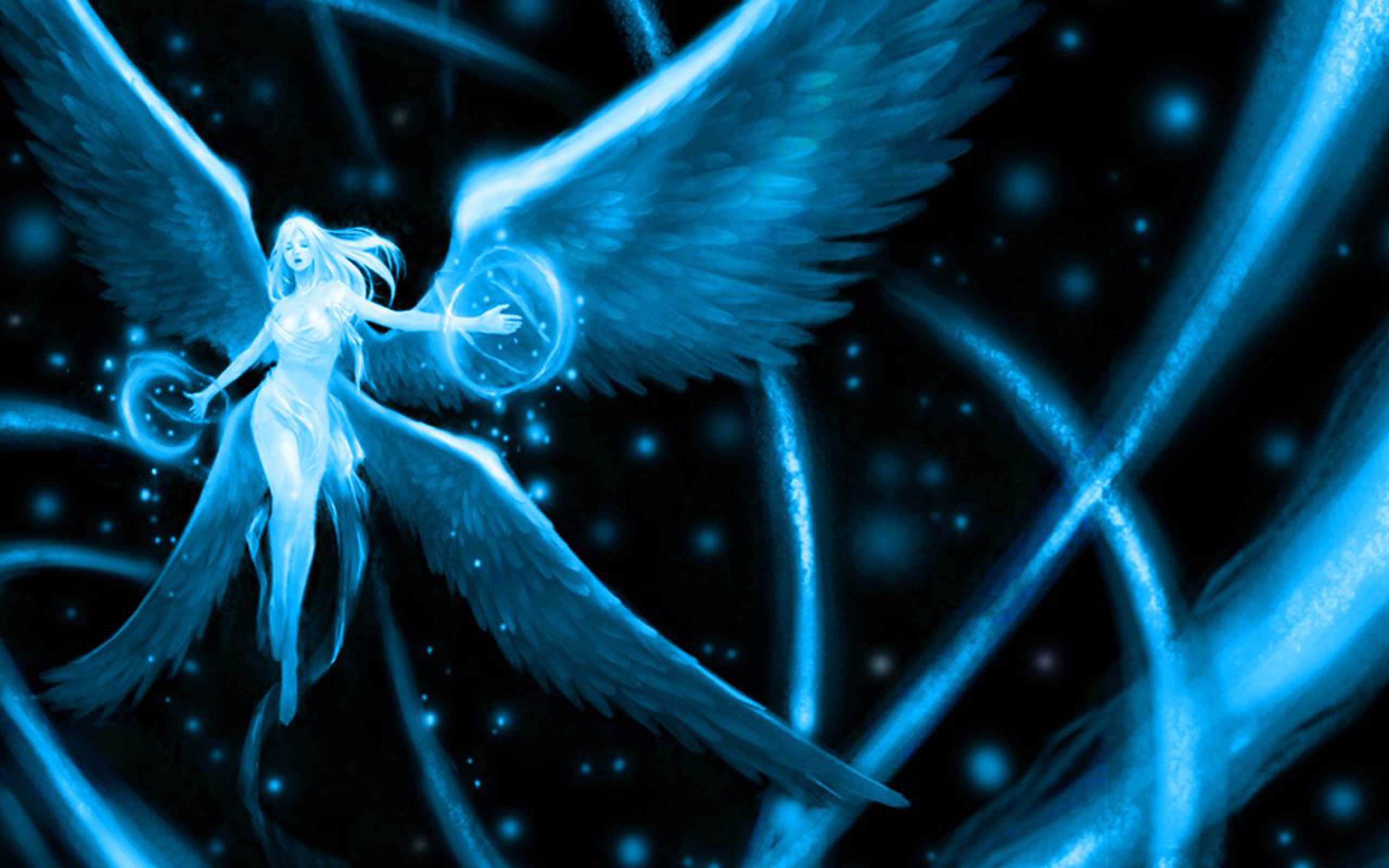 angels 桌布 壁紙 — 一位發光的藍翼天使漂浮在宇宙能量流中，背景是星空虛空，雙手閃爍著神秘力量。