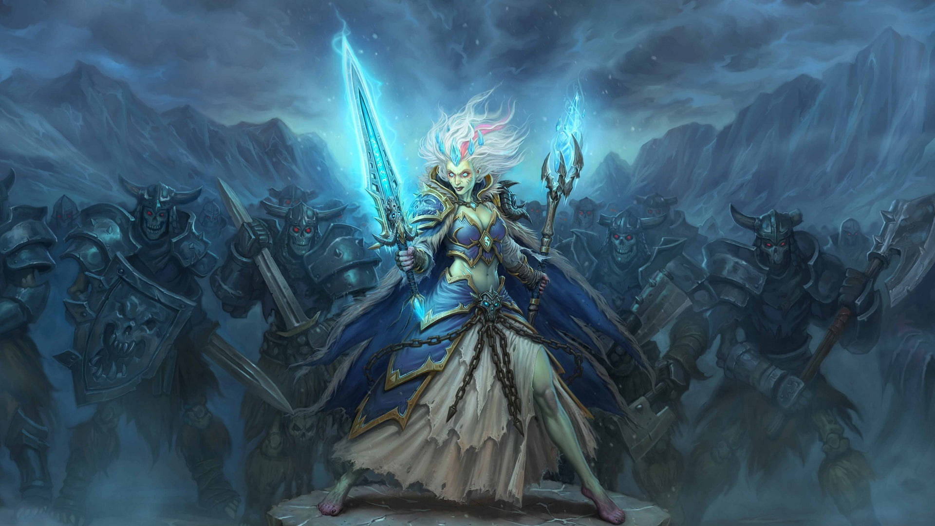 Death Knight 桌布 壁紙 — 一位發光的藍色裝甲戰士，白髮，在暴風雨的山地戰場上，面對一群裝甲敵人揮舞著光芒四射的劍。