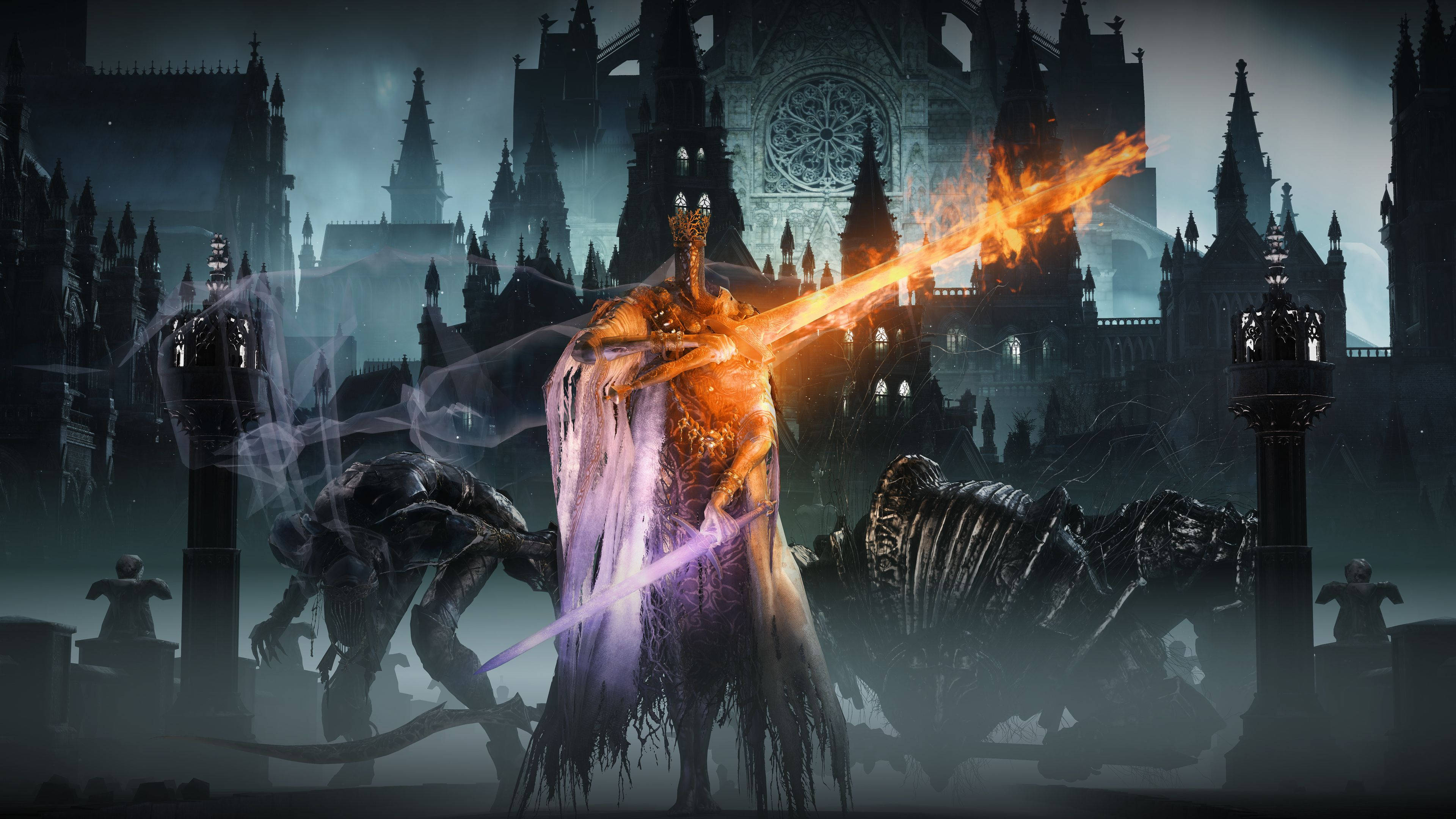 dark souls 4K 桌布 壁紙 — 一位發光的裝甲戰士在哥德式大教堂前揮舞著火焰劍，陰影生物潛伏在迷霧之夜中。