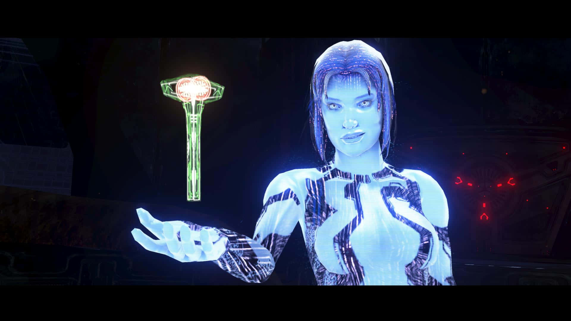 Halo Cortana 桌布 壁紙 — 一位發光的電子人女性穿著未來主義套裝，在黑暗且充滿科技感的背景前，手持一件發光的綠色和紅色神器。