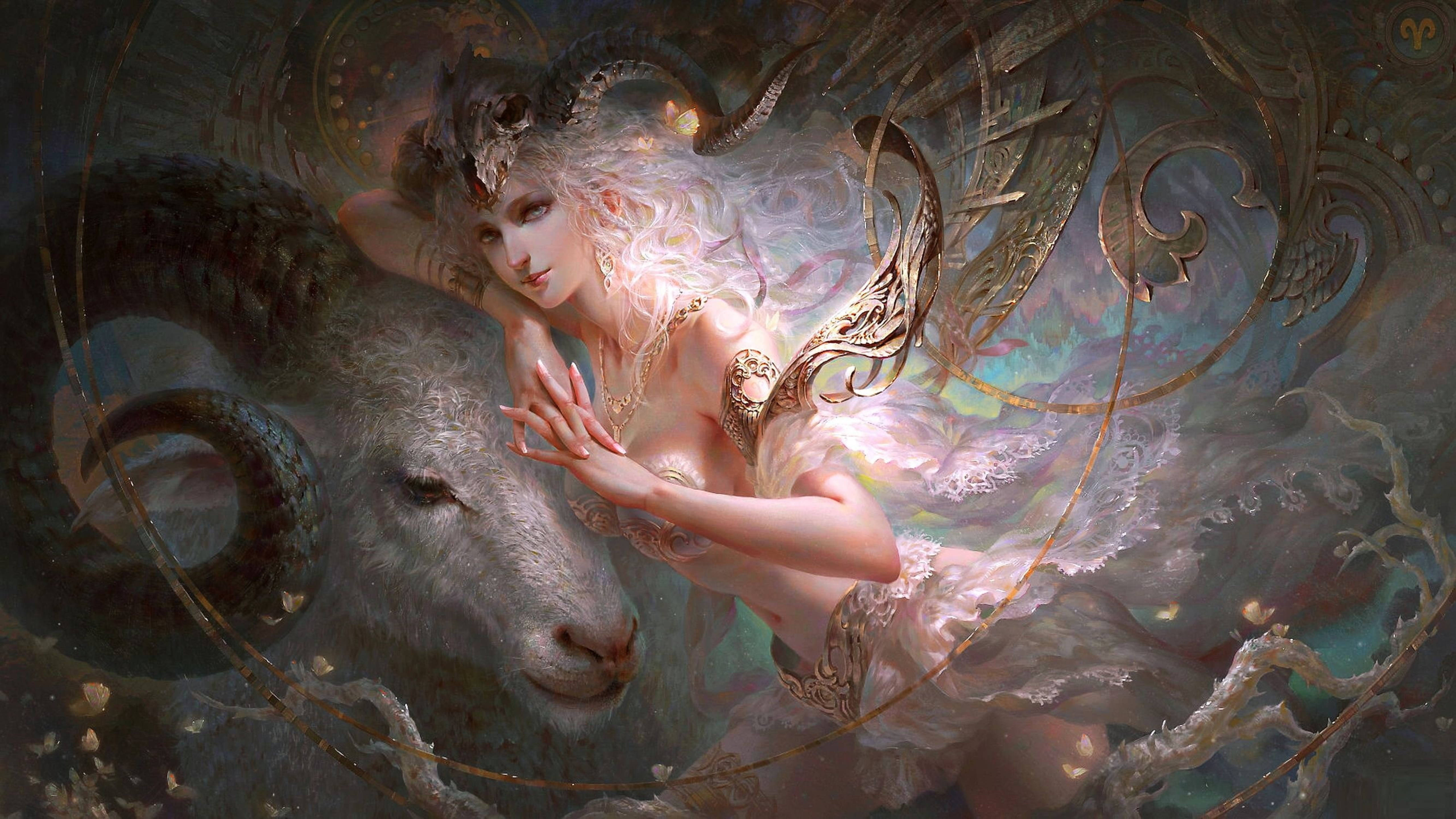 zodiac 桌布 壁紙 — 一位發光空靈的女子，擁有飄逸的白髮和華麗的金色翅膀，在旋轉的神秘圖案中輕輕觸碰一隻雄偉的公羊。