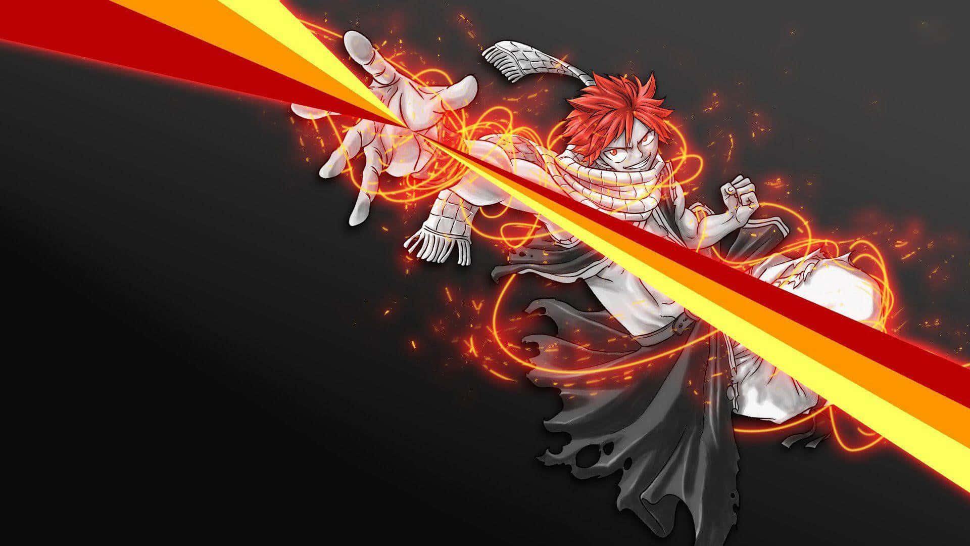 natsu dragneel 桌布 壁紙 — 一位白甲火紅髮的動漫戰士在黑暗背景中揮舞著發光的橙色能量刃向前斬擊。