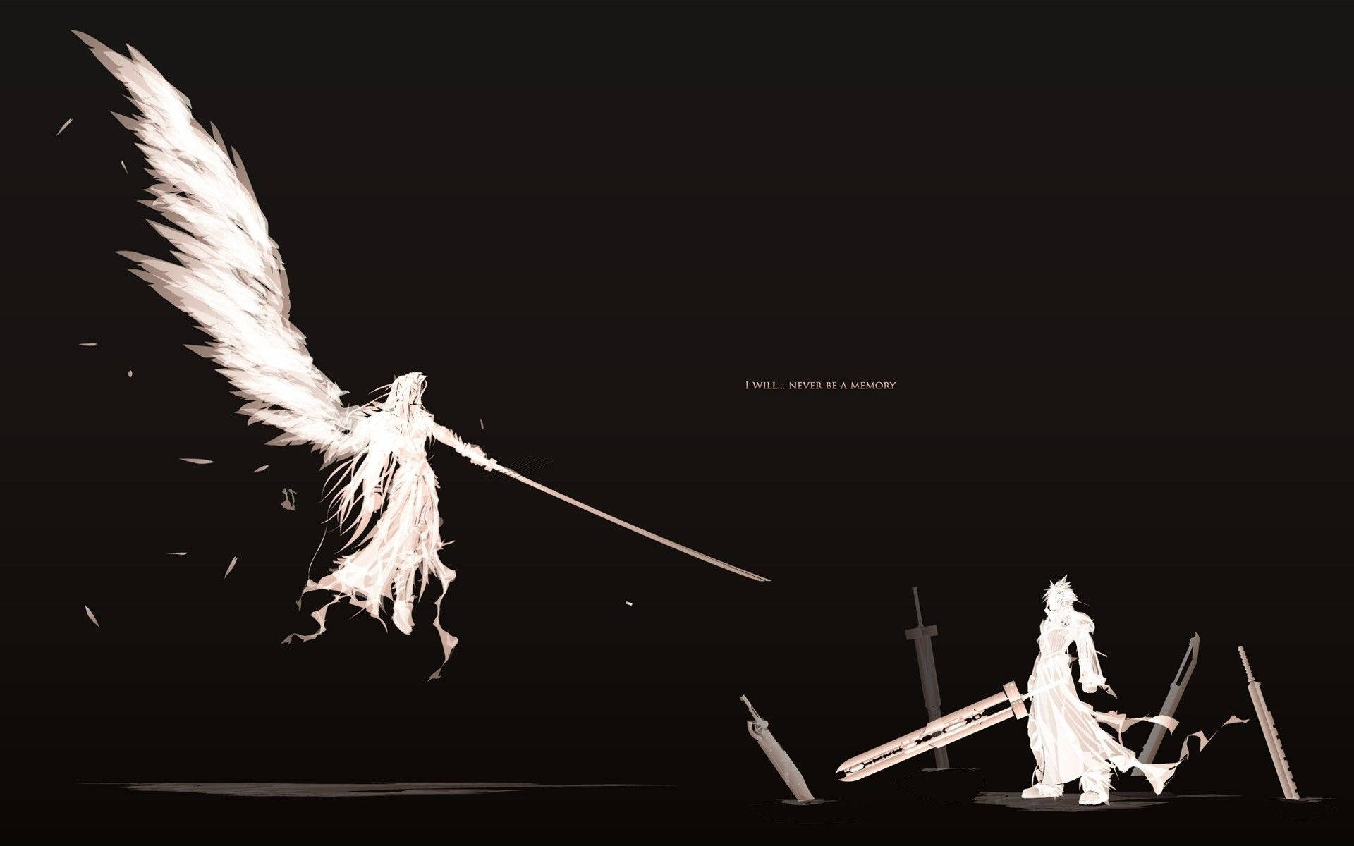 Sephiroth 桌布 壁紙 — 一位白翼天使戰士持劍刺向一個跪著的人物，周圍散落著倒下的刀刃，背景為純黑。