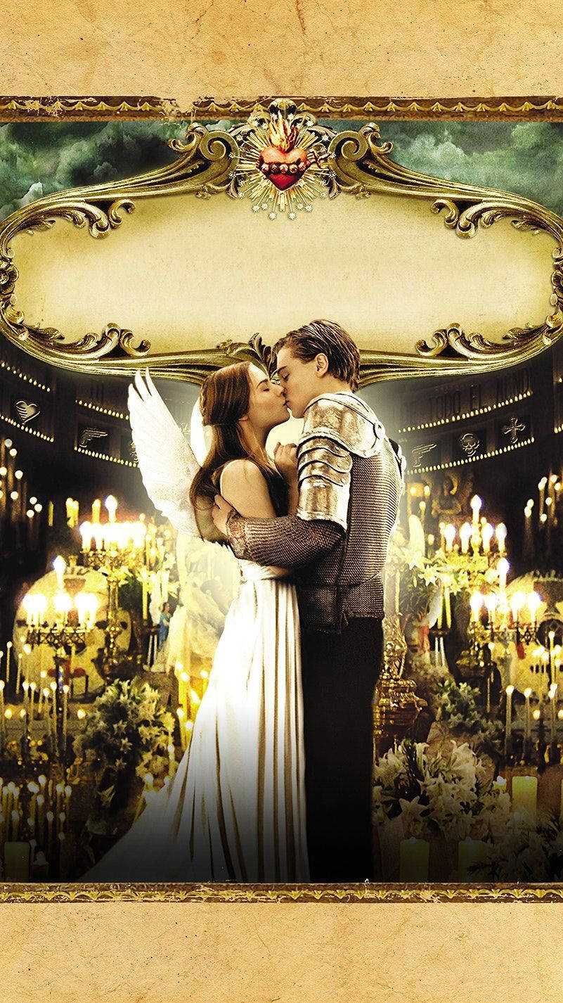 romeo and juliet 桌布 壁紙 — 一位白色有翼天使在華麗的金色畫框下親吻一位身穿盔甲的騎士，畫框上方有一顆聖心。
