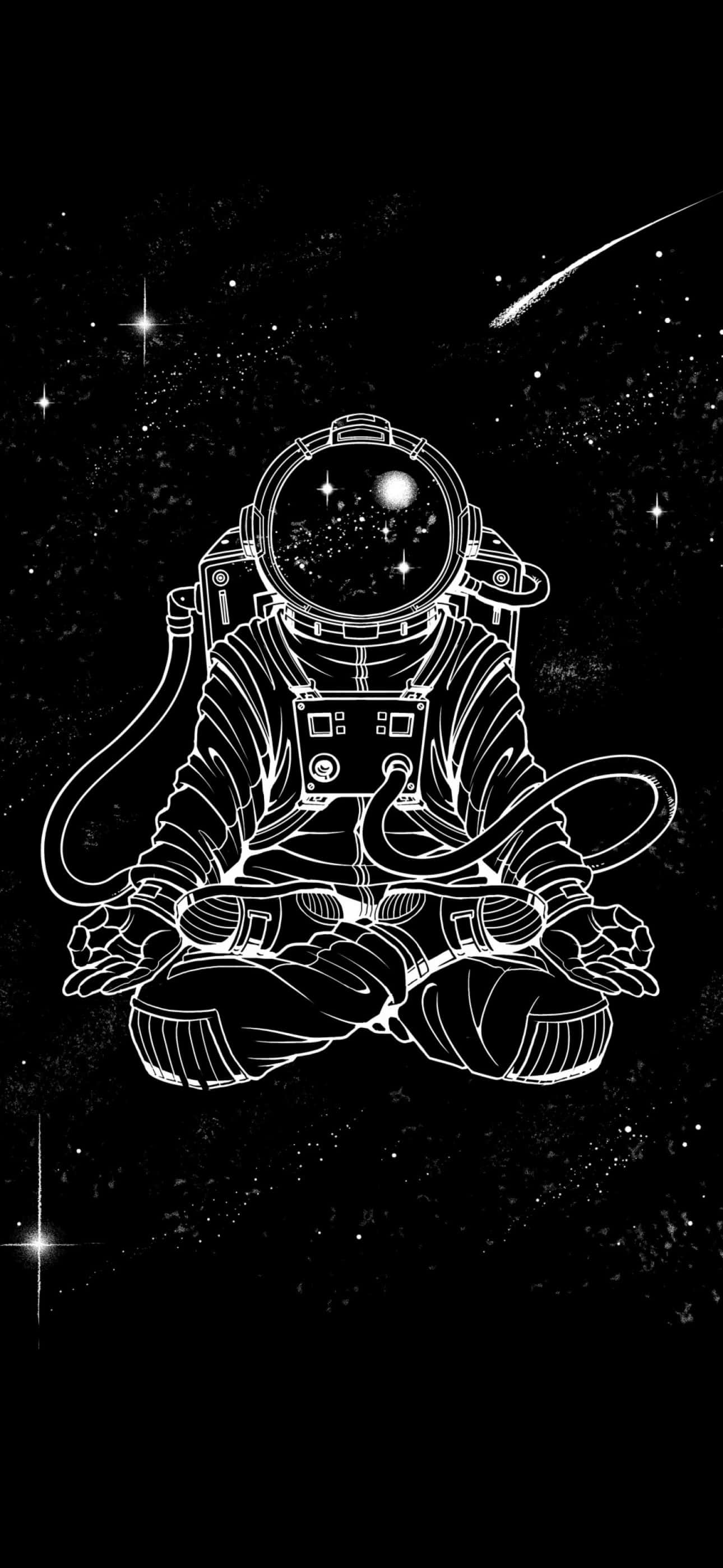 黑色藝術 桌布 壁紙 — 一位白色線條藝術太空人在太空盤腿冥想，背景是黑色虛空，有星星和一顆彗星劃過。