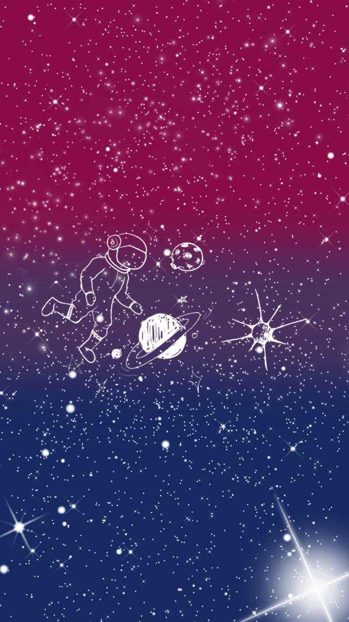 Bisexual Aesthetic 桌布 壁紙 — 一位白色線條藝術的太空人在漸變洋紅色到海軍藍的天空中漂浮於行星和星星之間。
