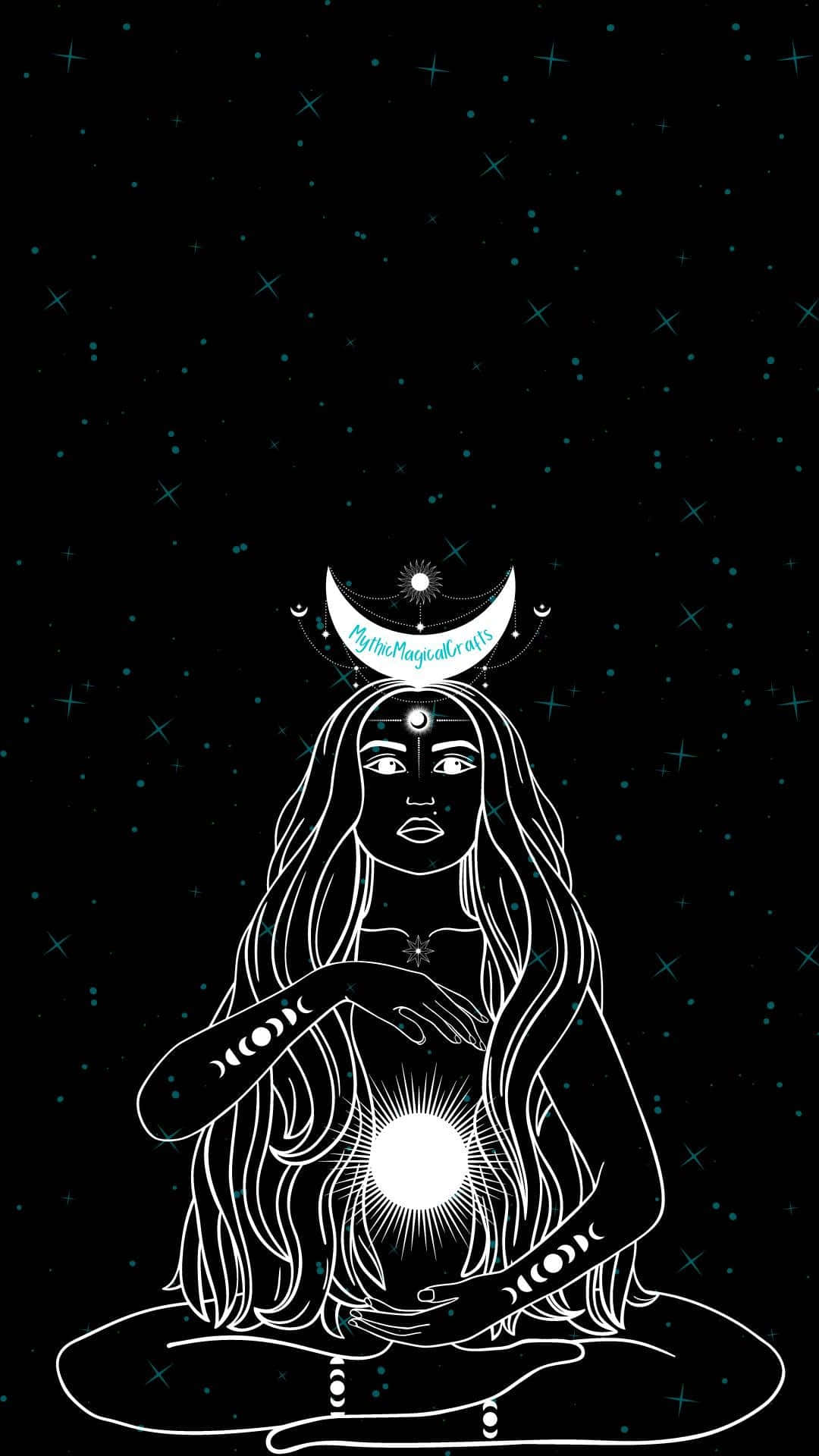 背景 桌布 壁紙 — 一位白色線條藝術的女性在新月和星星下冥想，手上和額頭上有發光的球體。