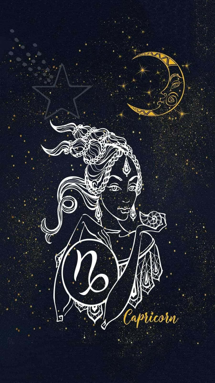 摩羯座 桌布 壁紙 — 一位白色線條藝術的摩羯座女神，飄逸的頭髮，在繁星點點的夜空下，手持她的象徵符號，伴隨著金色的新月和星星。