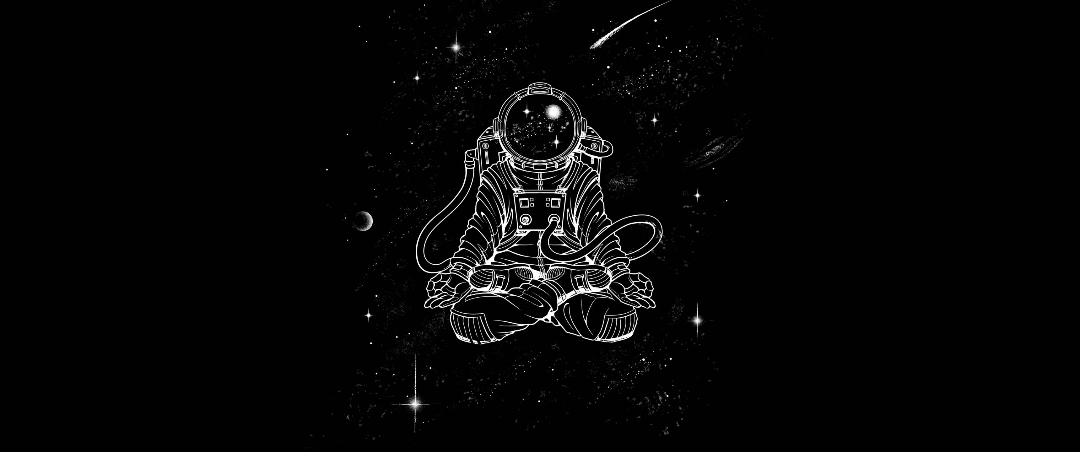 太空人美學 桌布 壁紙 — 一位白色線條藝術風格的太空人，在黑色虛空中盤腿打坐，周圍環繞著星星、行星和一顆彗星。
