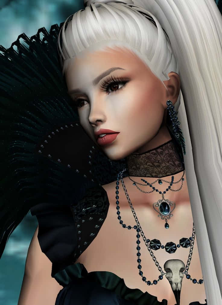 imvu 桌布 壁紙 — 一位白髮、佩戴哥德式珠寶的女性，在青綠色背景前手持黑色羽毛扇的數位肖像。