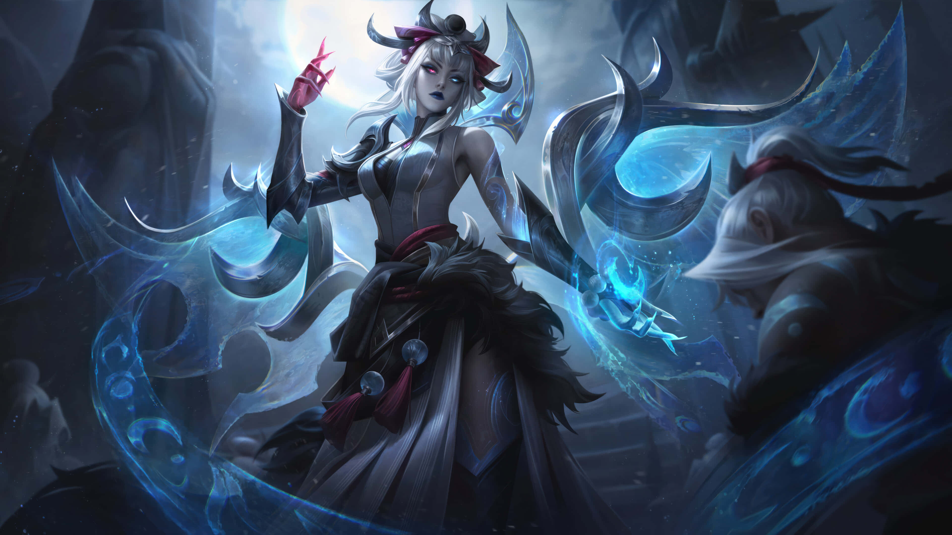 League Of Legends Champions 桌布 壁紙 — 一位白髮、帶有藍色發光能量的黑暗奇幻動漫戰士，在月光下揮舞著神秘武器。