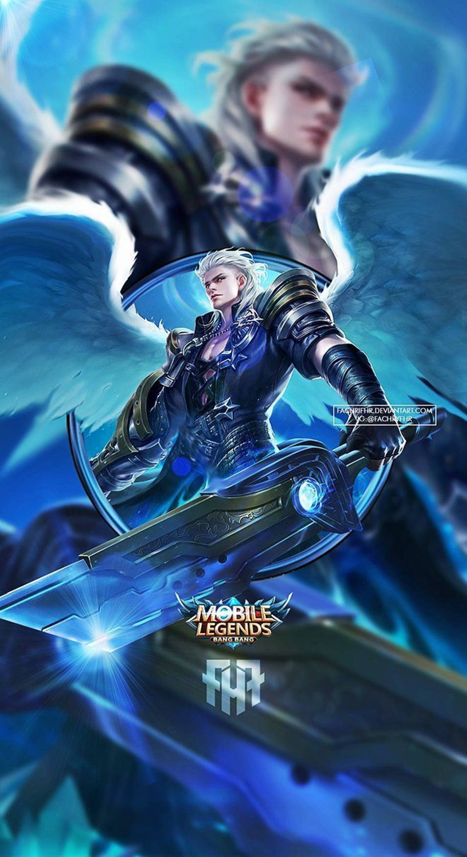 Mobile Legends 動態圖 桌布 壁紙 — 一位白髮、擁有發光藍色翅膀的奇幻戰士，在旋轉的藍色能量背景下揮舞著一把未來風格的劍。